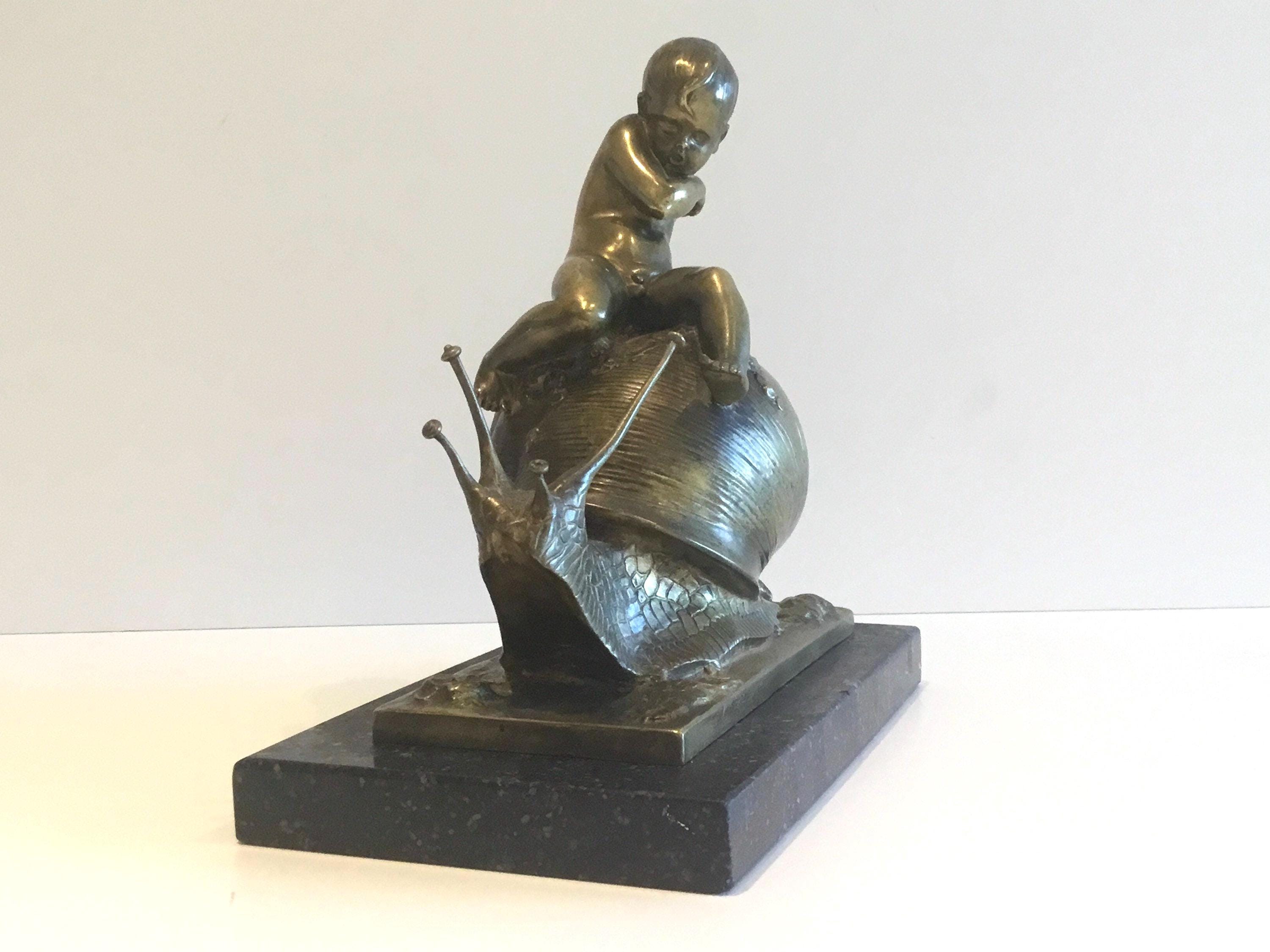 Art Deco Bronze Sculpture | Bruno Zach Snail Figurine, 1920s Cold Painted Austrian Bronze Statue — photo 4 of 9