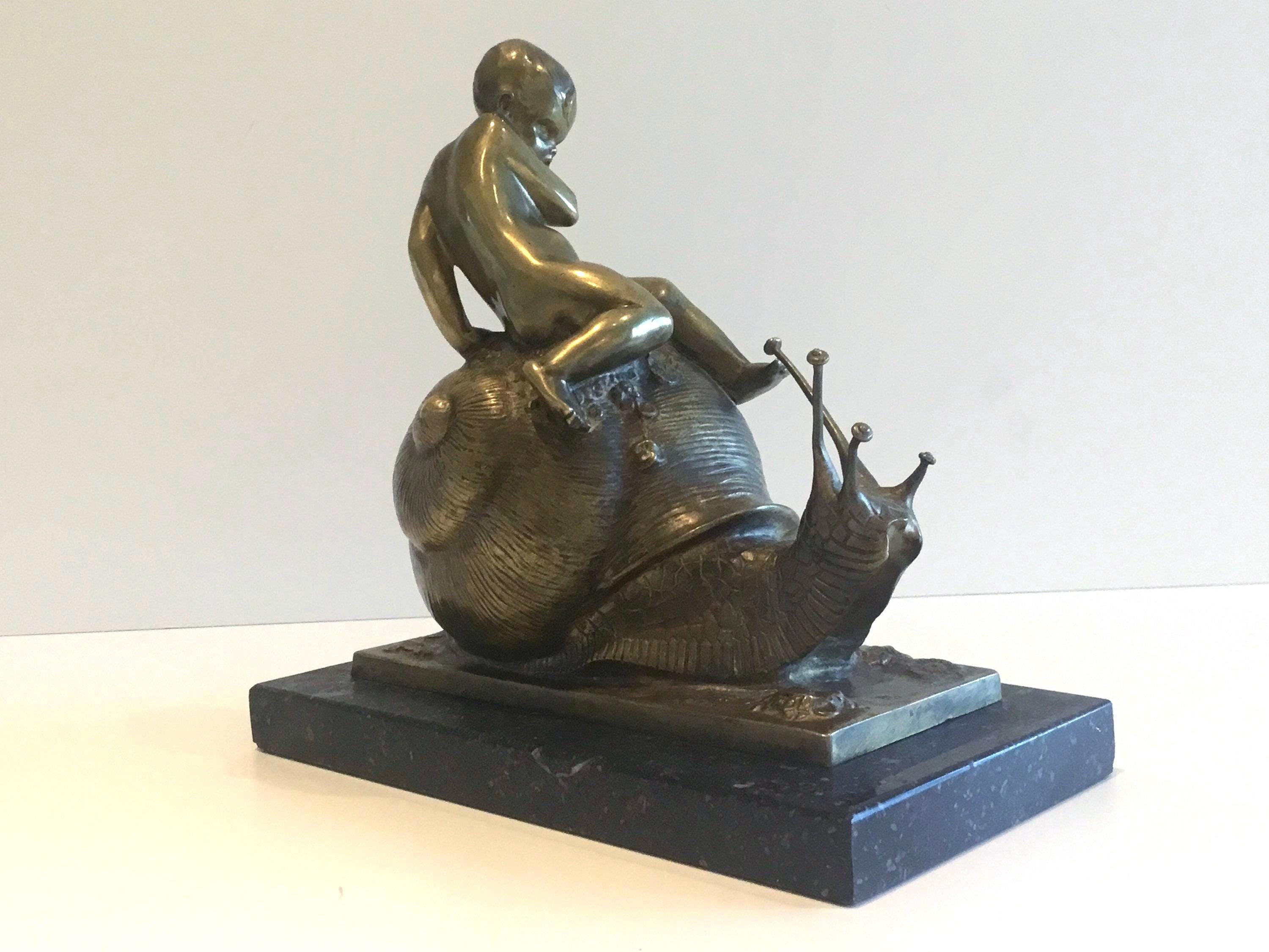 Art Deco Bronze Sculpture | Bruno Zach Snail Figurine, 1920s Cold Painted Austrian Bronze Statue — photo 5 of 9