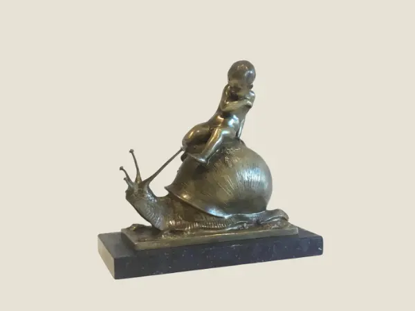 Art Deco Bronze Sculpture | Bruno Zach Snail Figurine, 1920s Cold Painted Austrian Bronze Statue