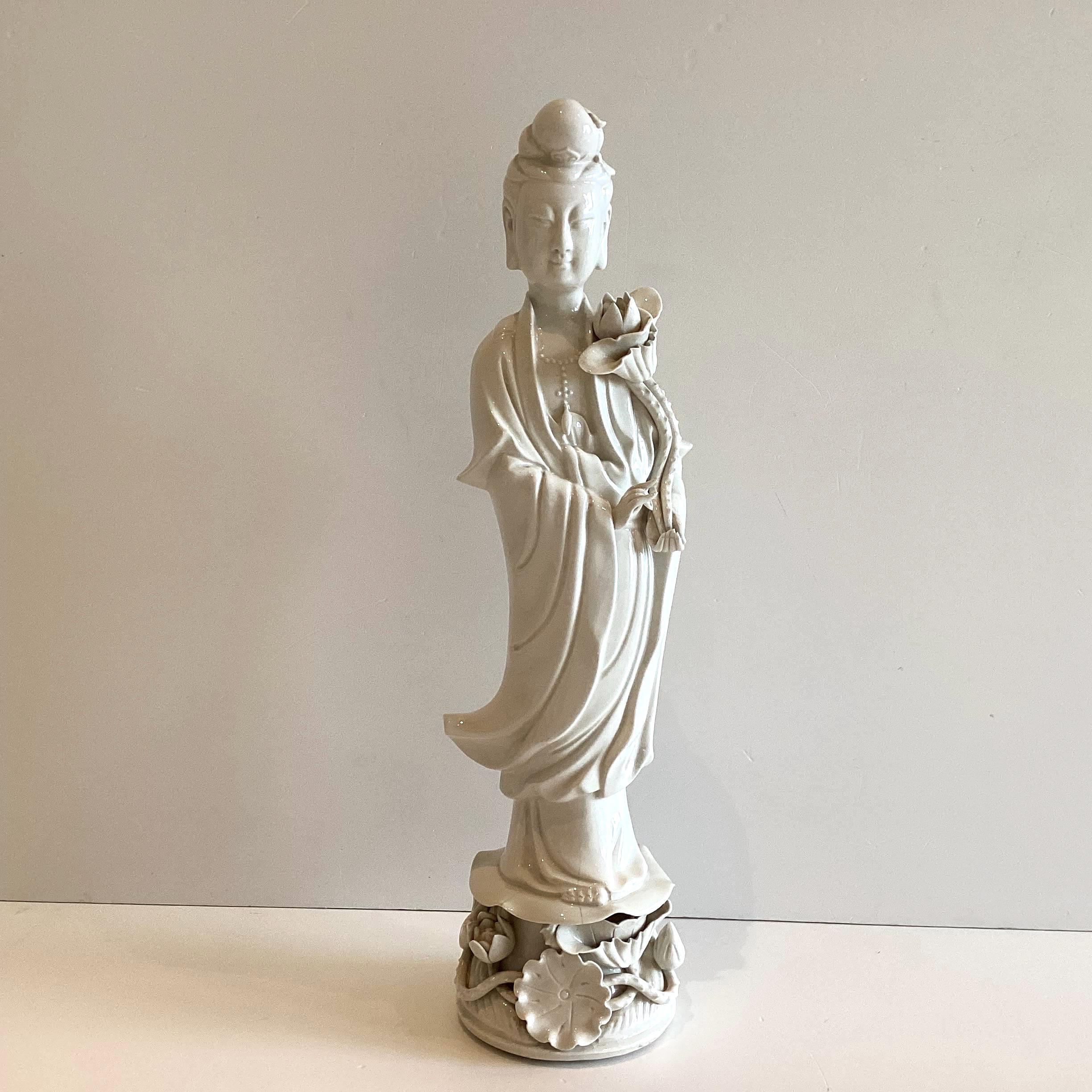Guanyin Statue | Vintage Blanc de Chine Dehua Porcelain, 1960s Kwan Yin with Lotus — photo 2 of 11