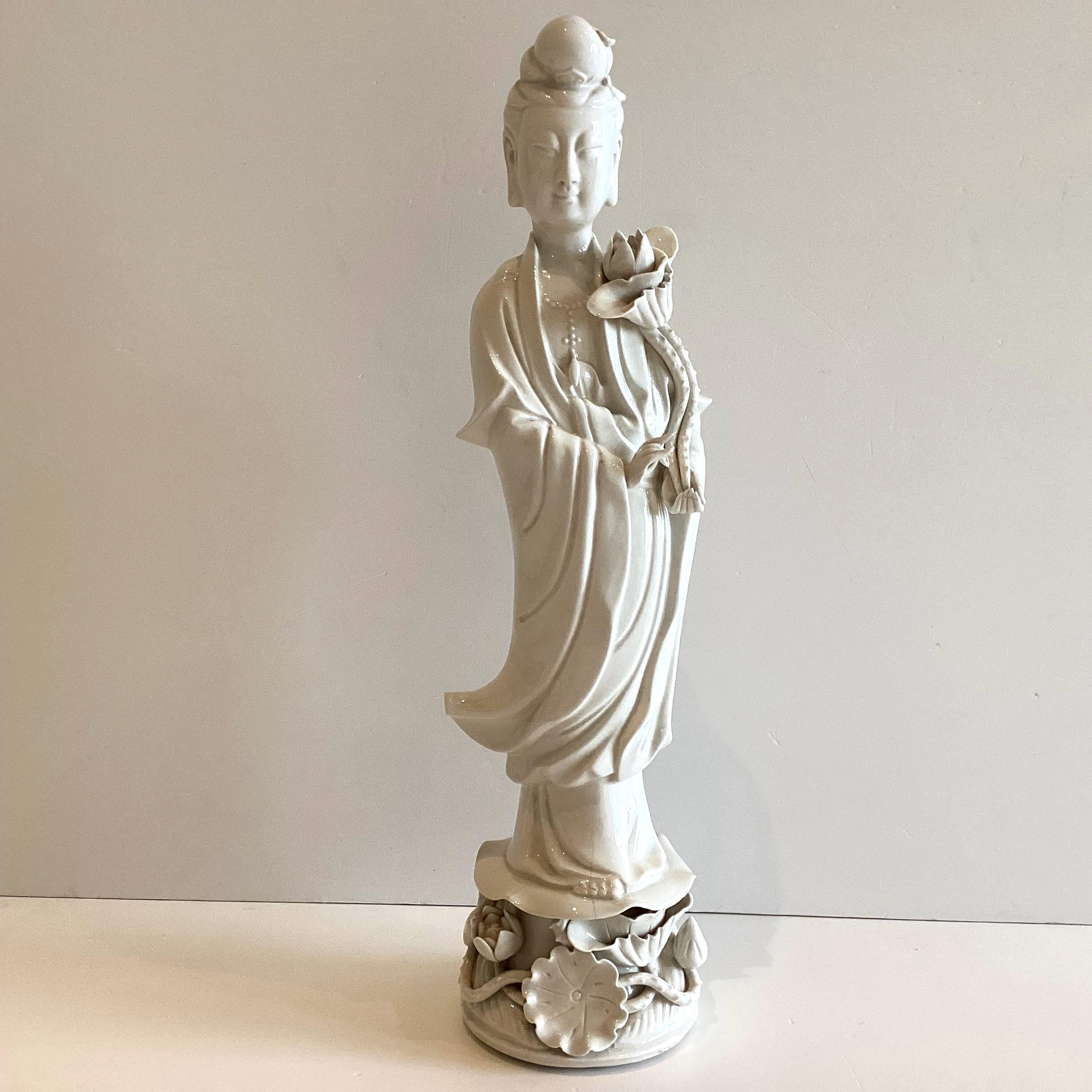 Guanyin Statue | Vintage Blanc de Chine Dehua Porcelain, 1960s Kwan Yin with Lotus — photo 3 of 11
