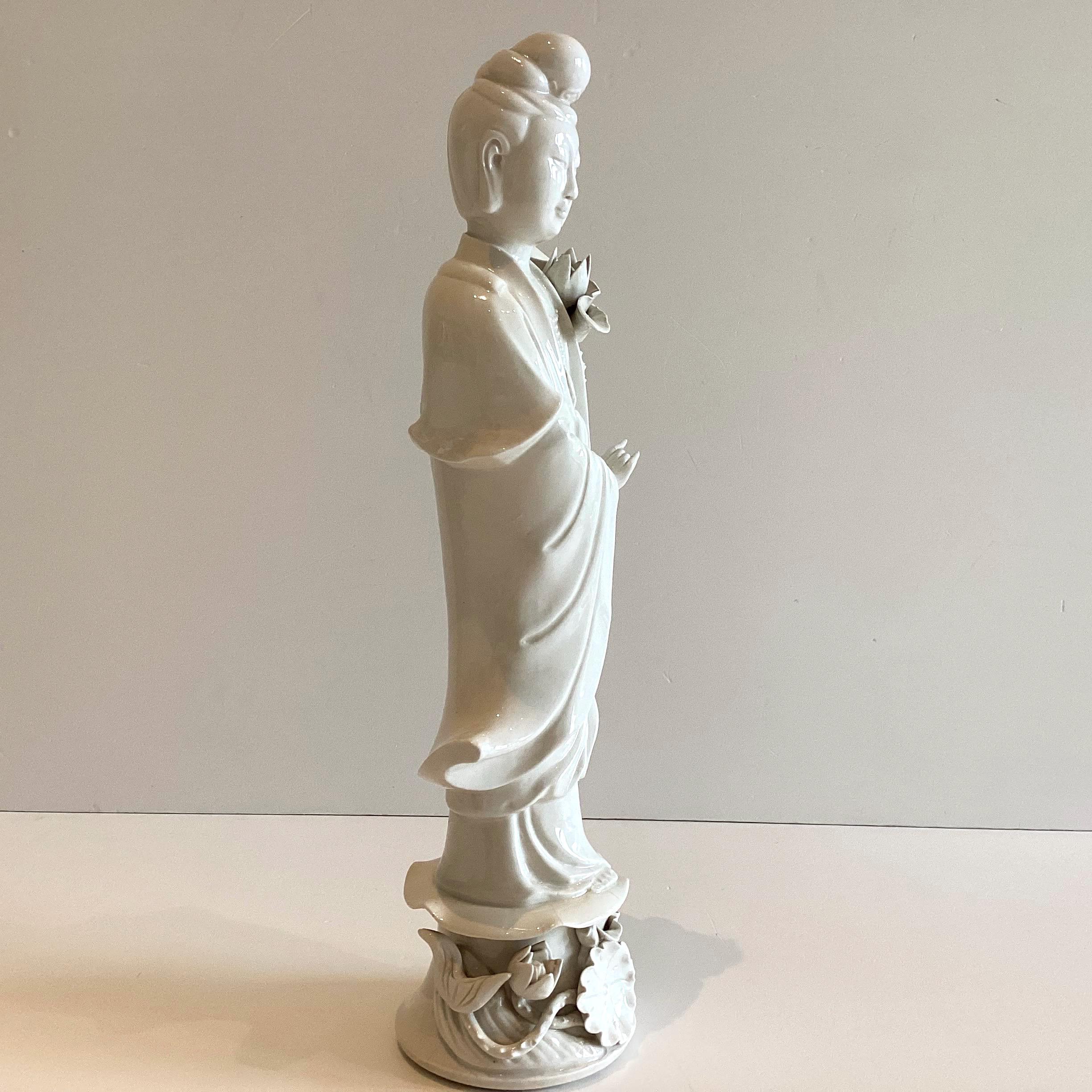 Guanyin Statue | Vintage Blanc de Chine Dehua Porcelain, 1960s Kwan Yin with Lotus — photo 4 of 11