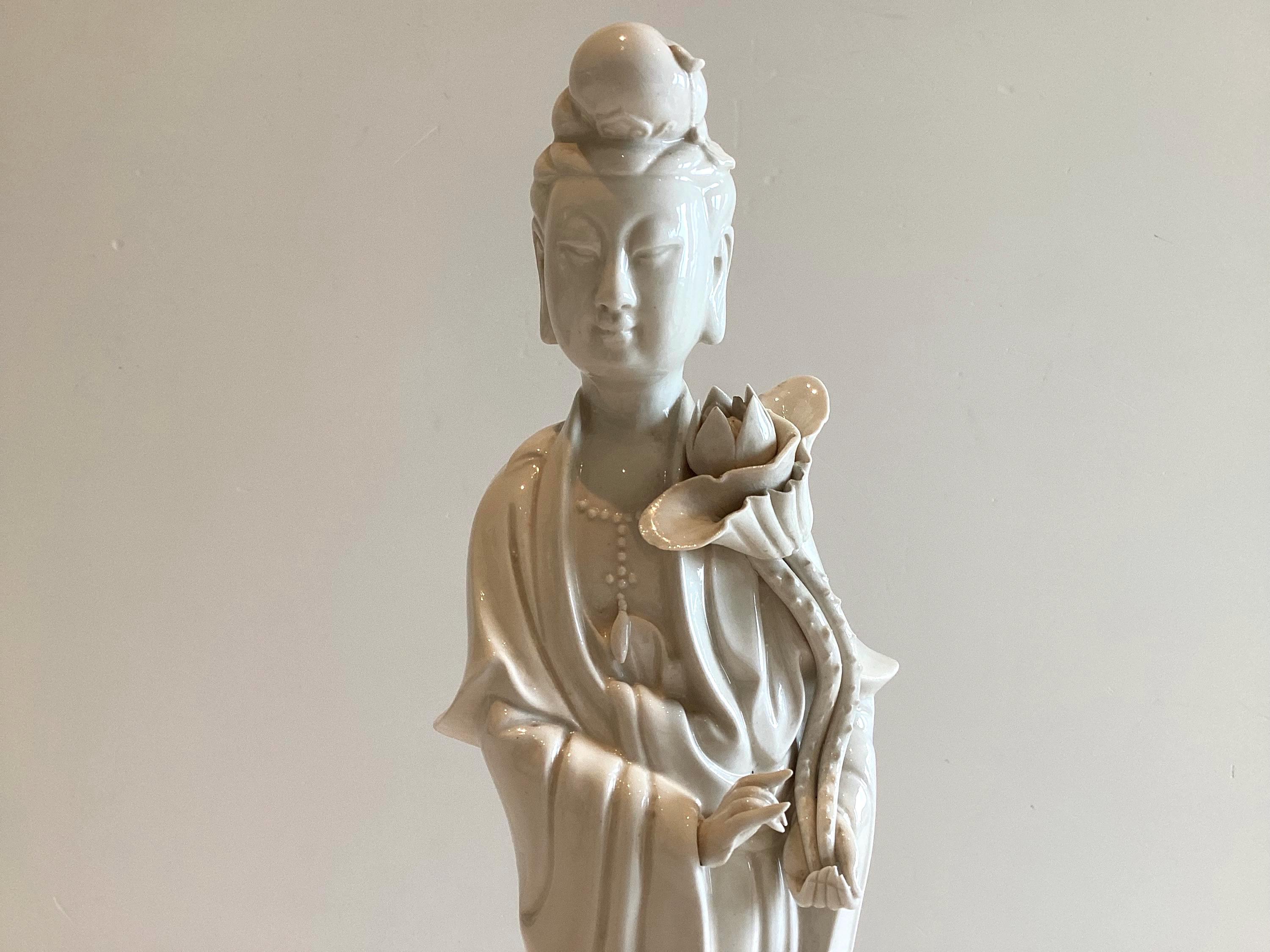 Guanyin Statue | Vintage Blanc de Chine Dehua Porcelain, 1960s Kwan Yin with Lotus — photo 7 of 11
