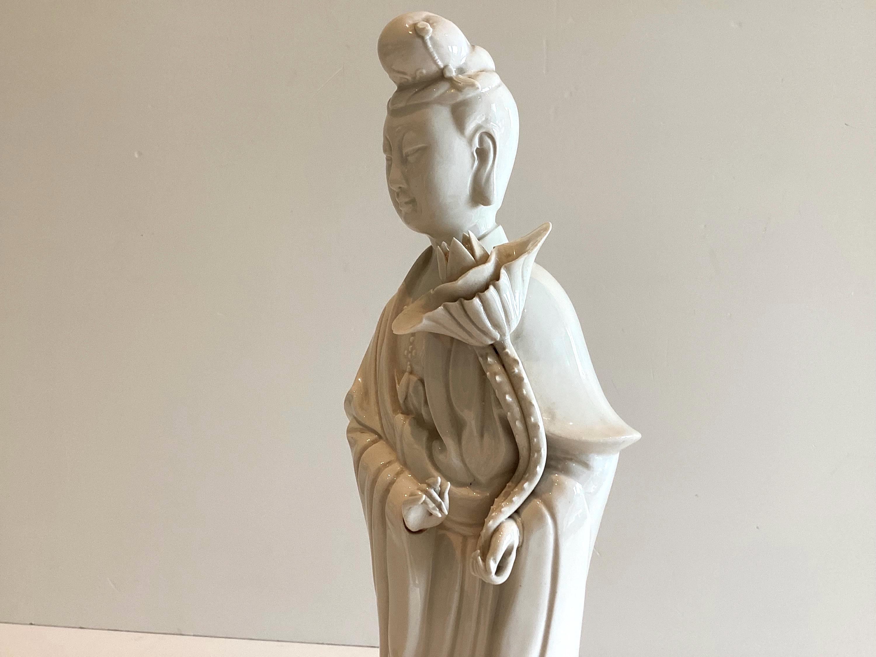 Guanyin Statue | Vintage Blanc de Chine Dehua Porcelain, 1960s Kwan Yin with Lotus — photo 8 of 11