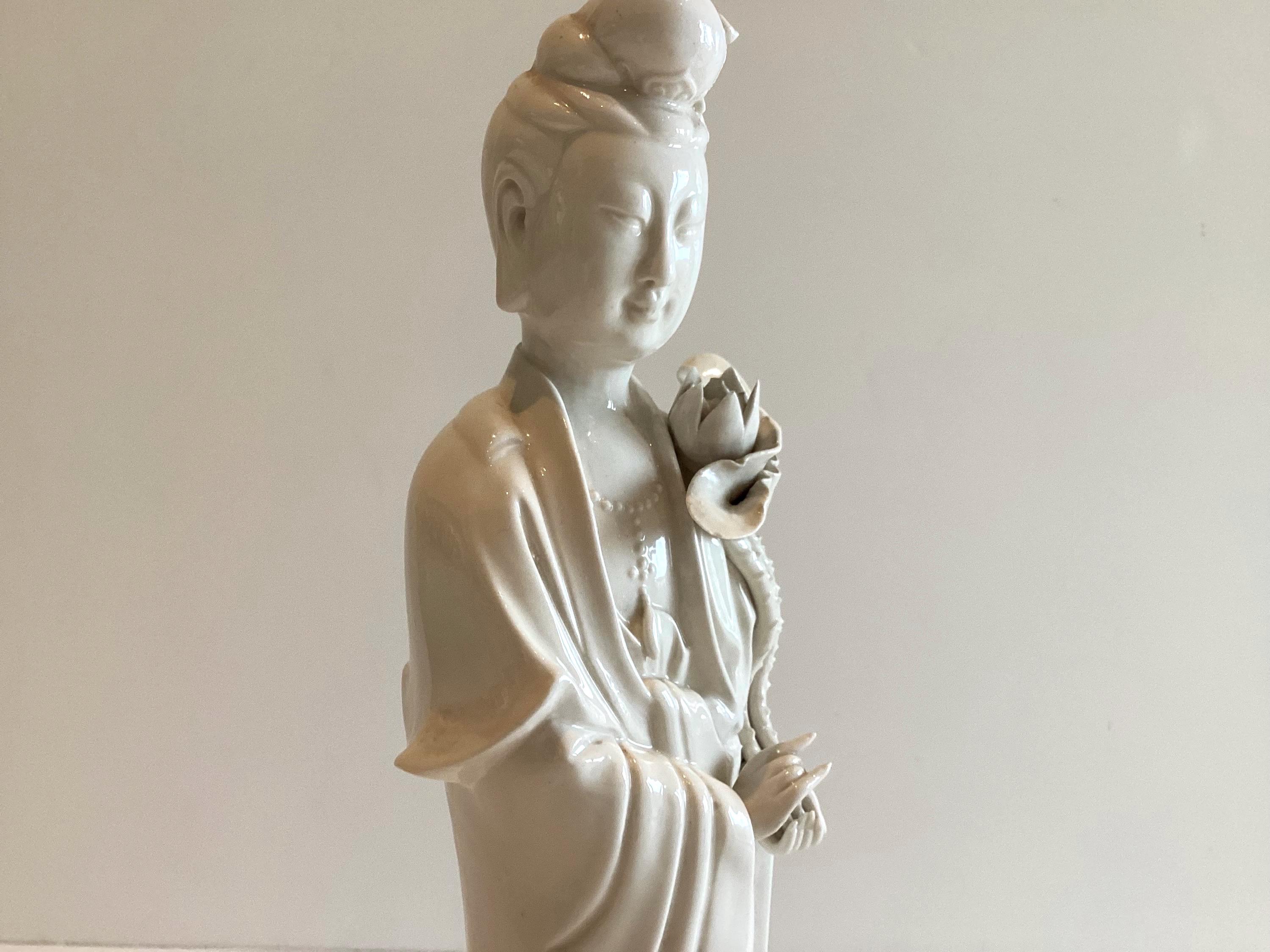Guanyin Statue | Vintage Blanc de Chine Dehua Porcelain, 1960s Kwan Yin with Lotus — photo 9 of 11