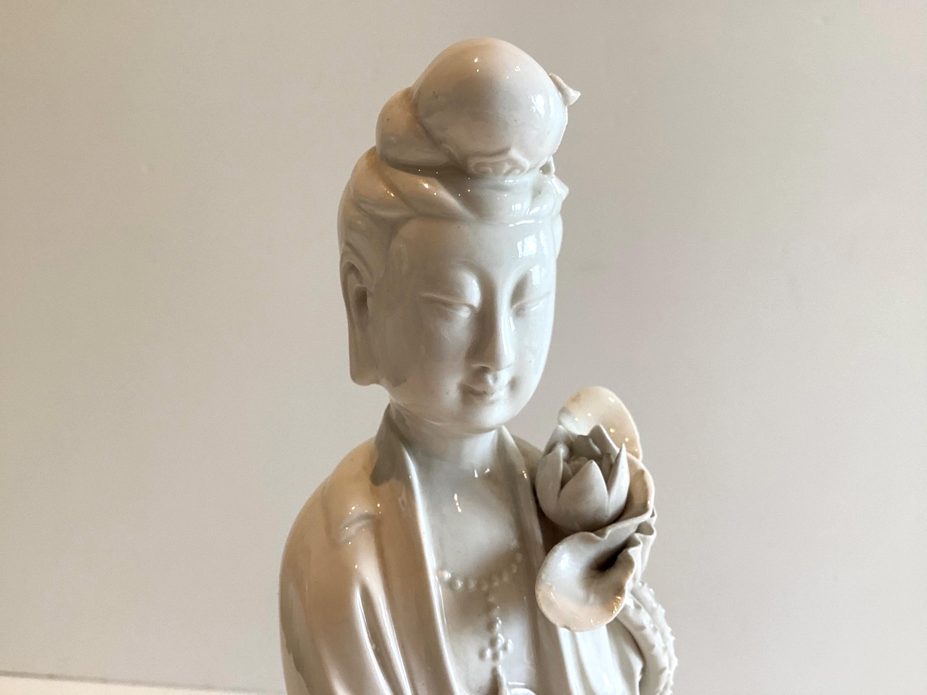 Guanyin Statue | Vintage Blanc de Chine Dehua Porcelain, 1960s Kwan Yin with Lotus — photo 10 of 11