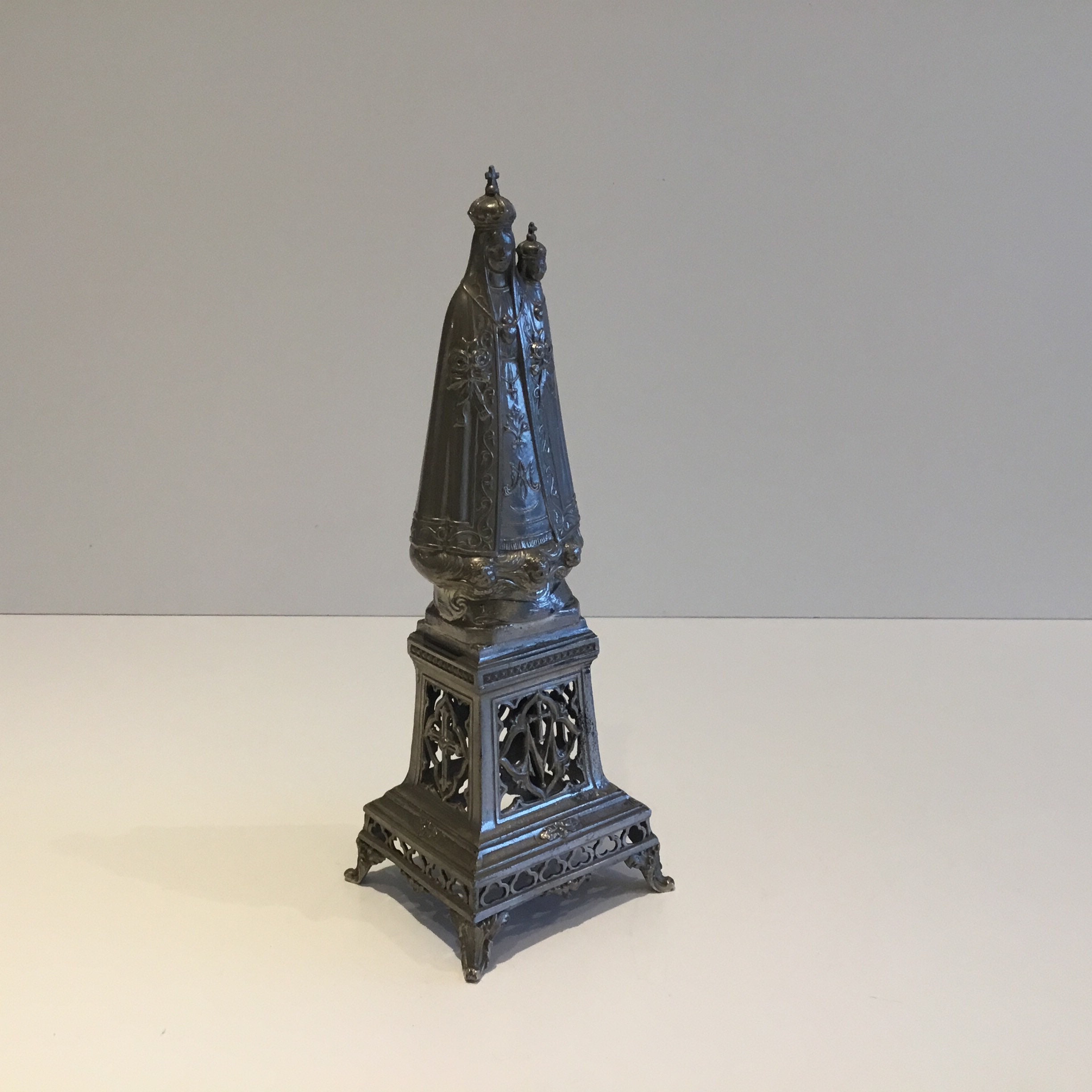 Antique Statue | 1900s French Metal Madonna, Virgin Mary with Child & Pedestal — photo 2 of 9