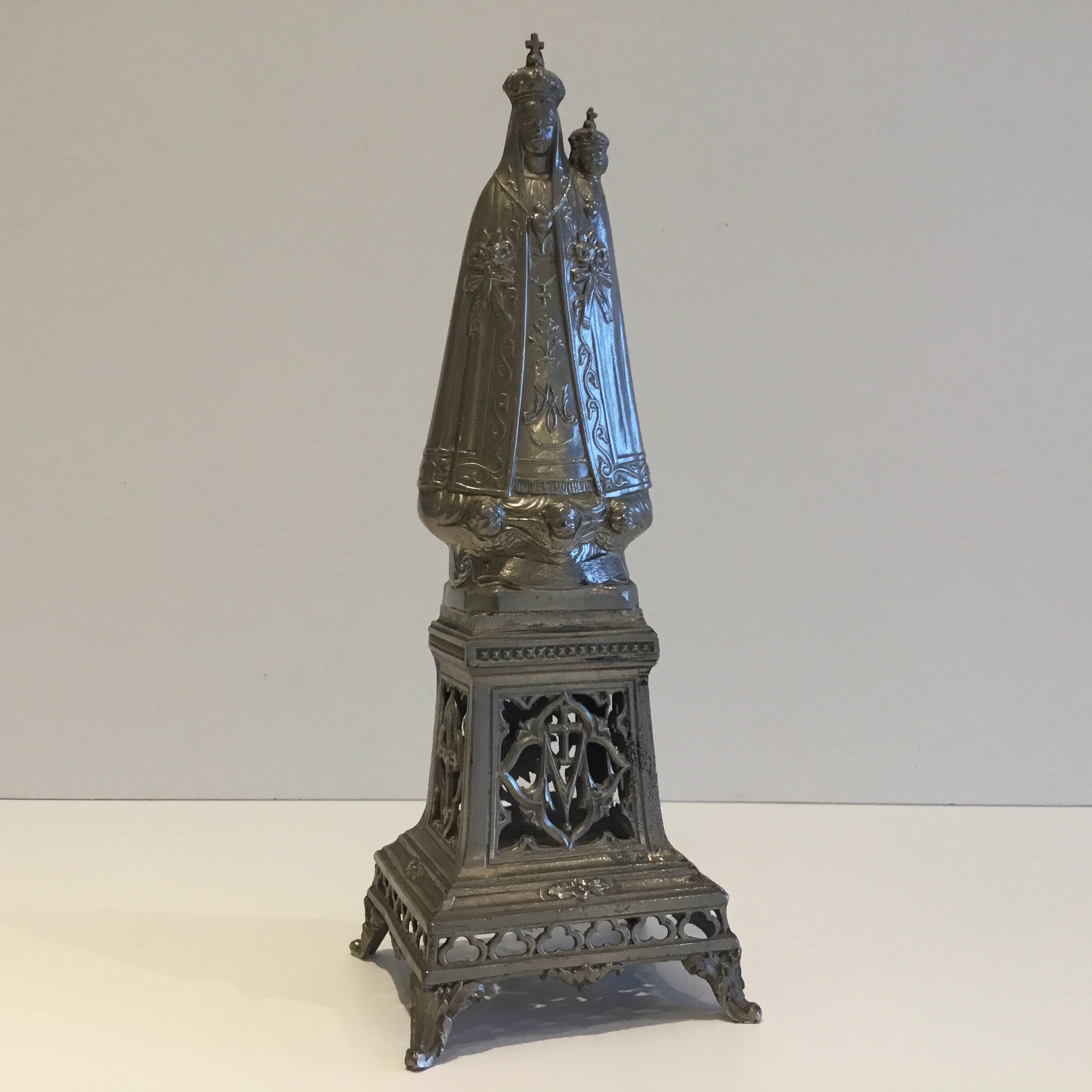 Antique Statue | 1900s French Metal Madonna, Virgin Mary with Child & Pedestal — photo 3 of 9