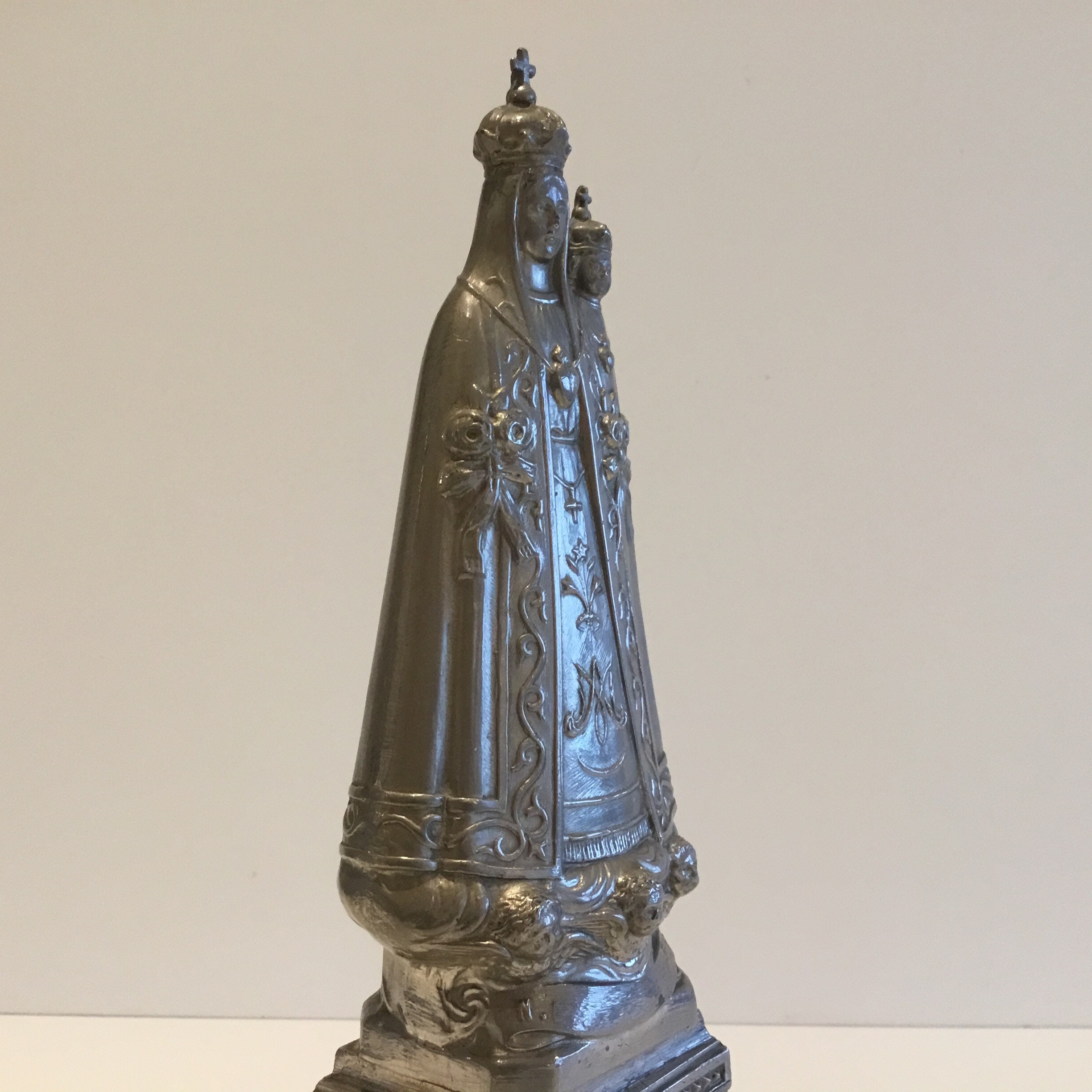 Antique Statue | 1900s French Metal Madonna, Virgin Mary with Child & Pedestal — photo 4 of 9