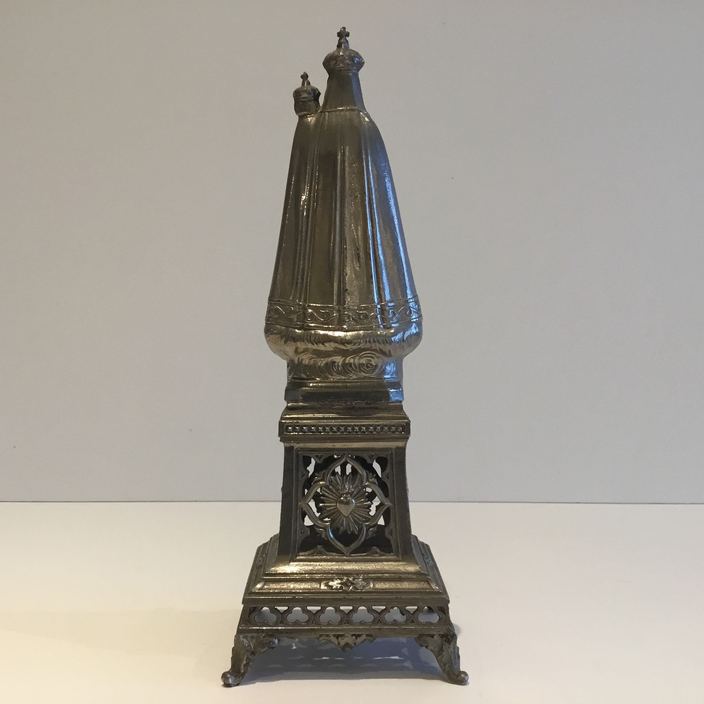 Antique Statue | 1900s French Metal Madonna, Virgin Mary with Child & Pedestal — photo 5 of 9