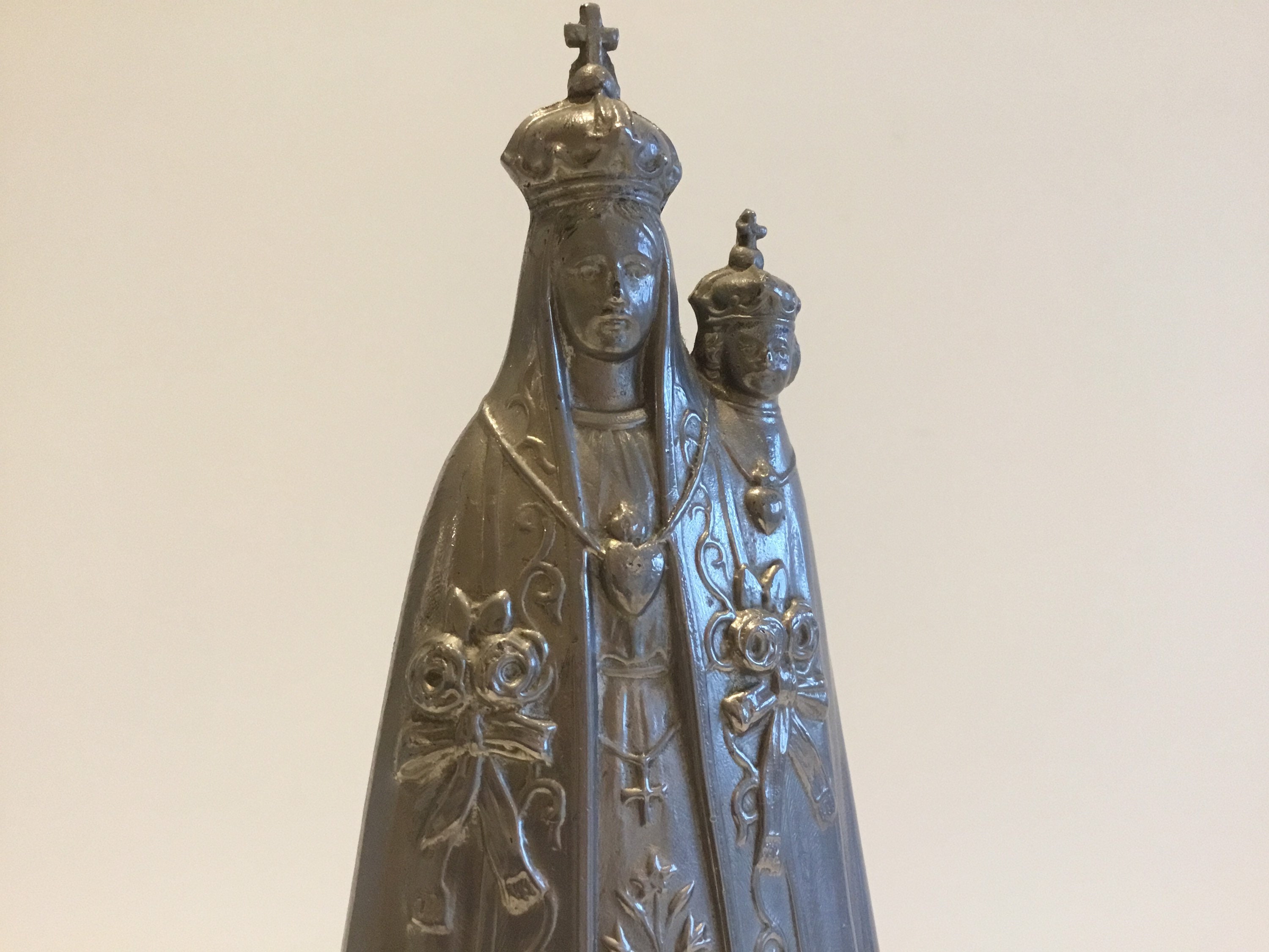 Antique Statue | 1900s French Metal Madonna, Virgin Mary with Child & Pedestal — photo 6 of 9