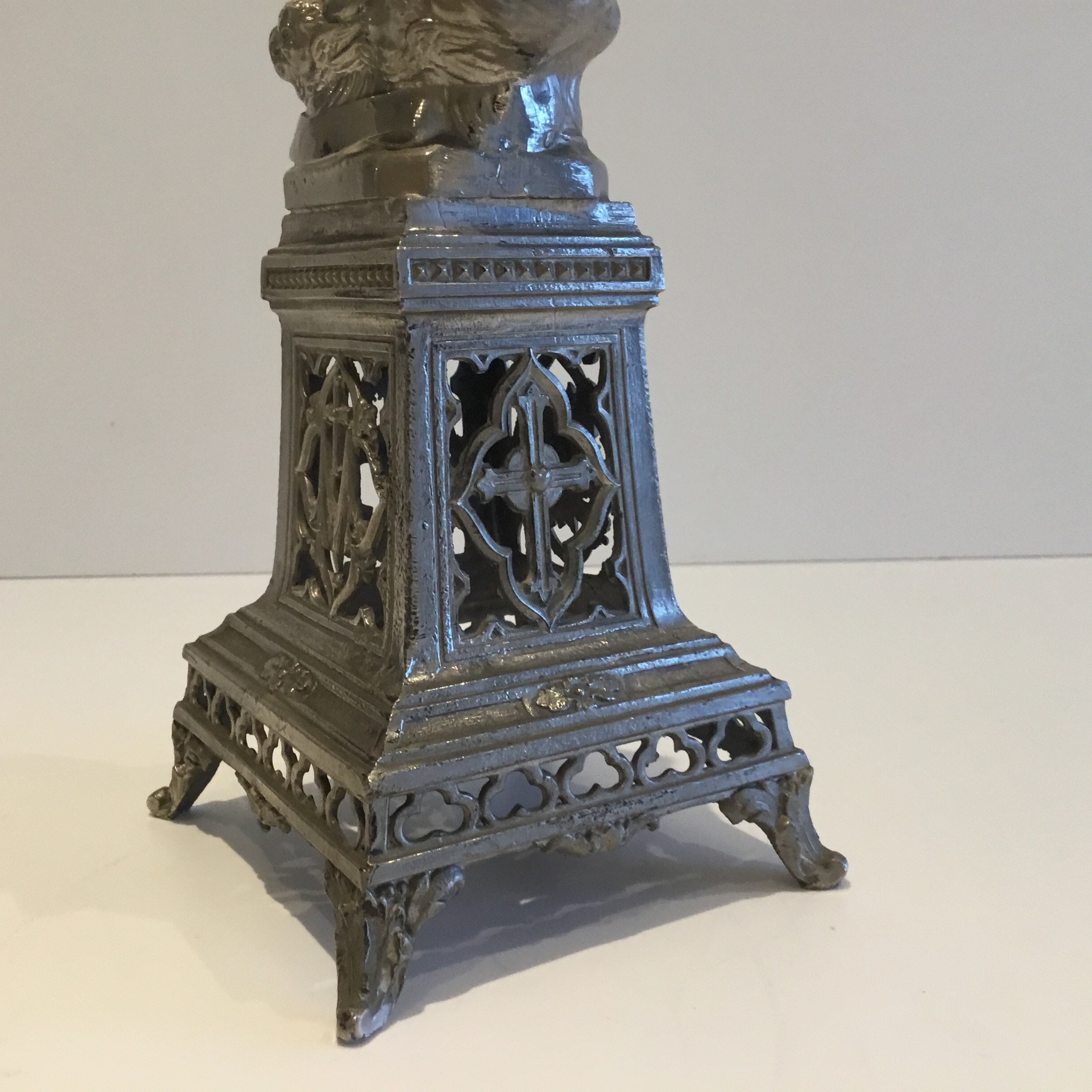 Antique Statue | 1900s French Metal Madonna, Virgin Mary with Child & Pedestal — photo 7 of 9