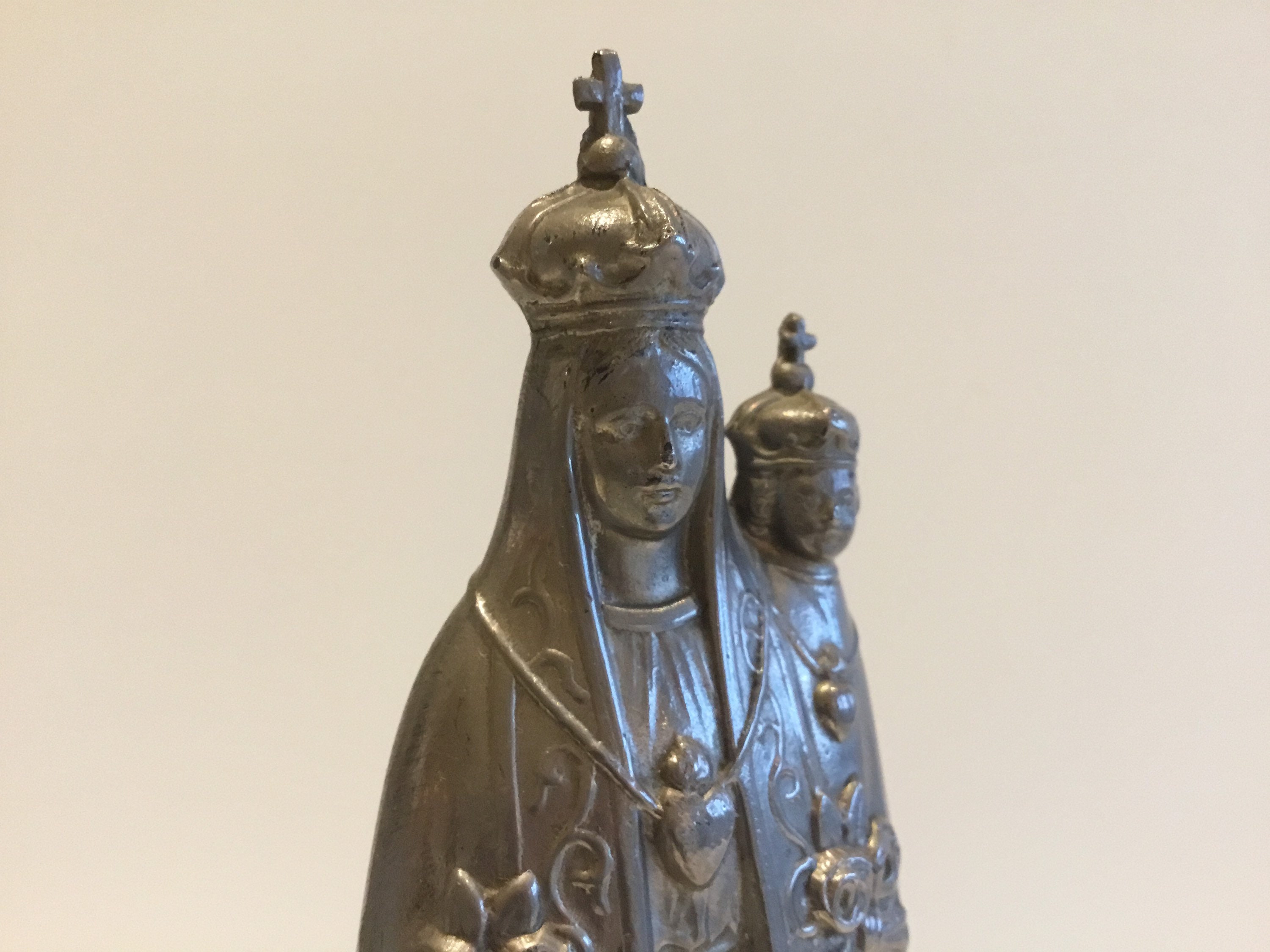 Antique Statue | 1900s French Metal Madonna, Virgin Mary with Child & Pedestal — photo 8 of 9