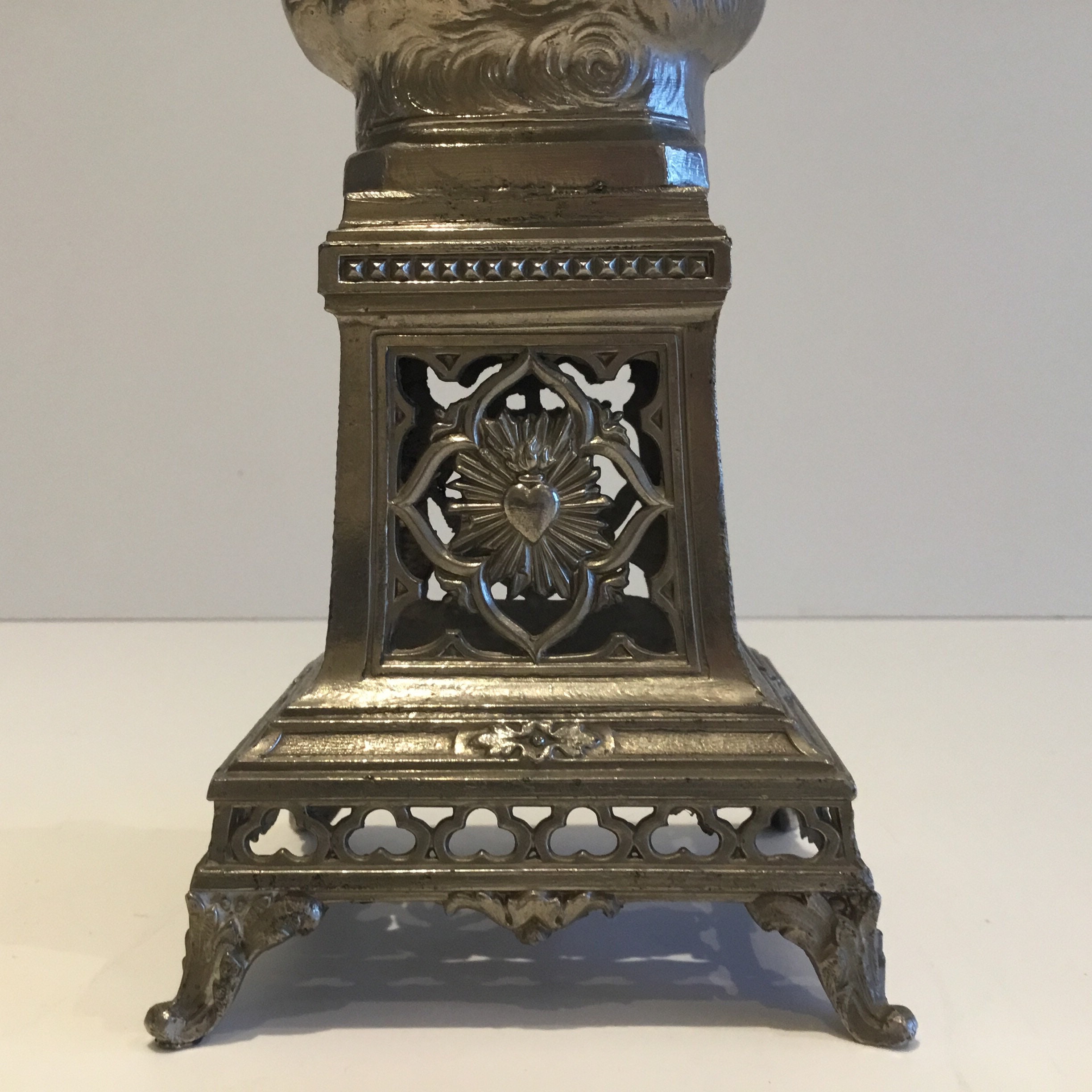 Antique Statue | 1900s French Metal Madonna, Virgin Mary with Child & Pedestal — photo 9 of 9