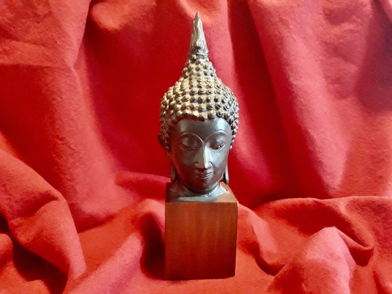 Vintage Buddha Head | 1950s Thai Buddha Sculpture on Wood Stand — photo 2 of 7