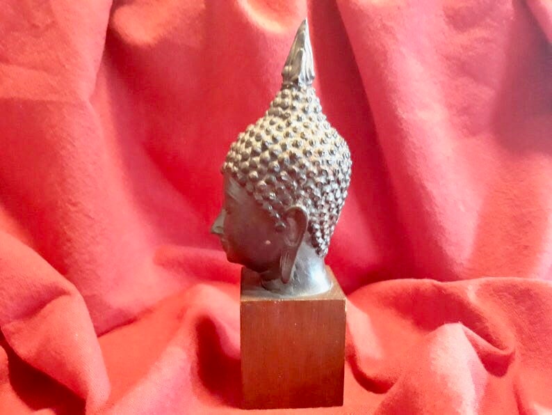 Vintage Buddha Head | 1950s Thai Buddha Sculpture on Wood Stand — photo 3 of 7