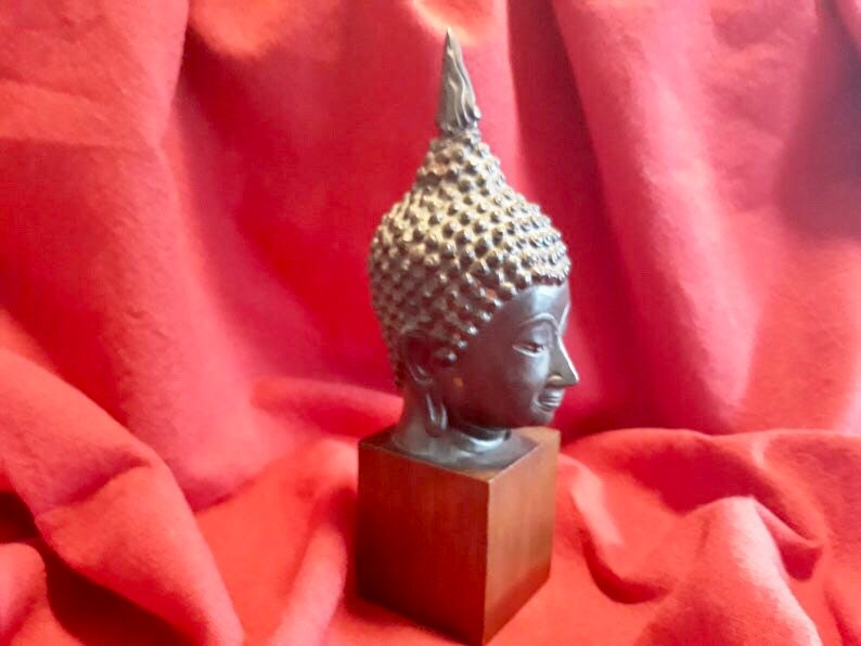 Vintage Buddha Head | 1950s Thai Buddha Sculpture on Wood Stand — photo 4 of 7