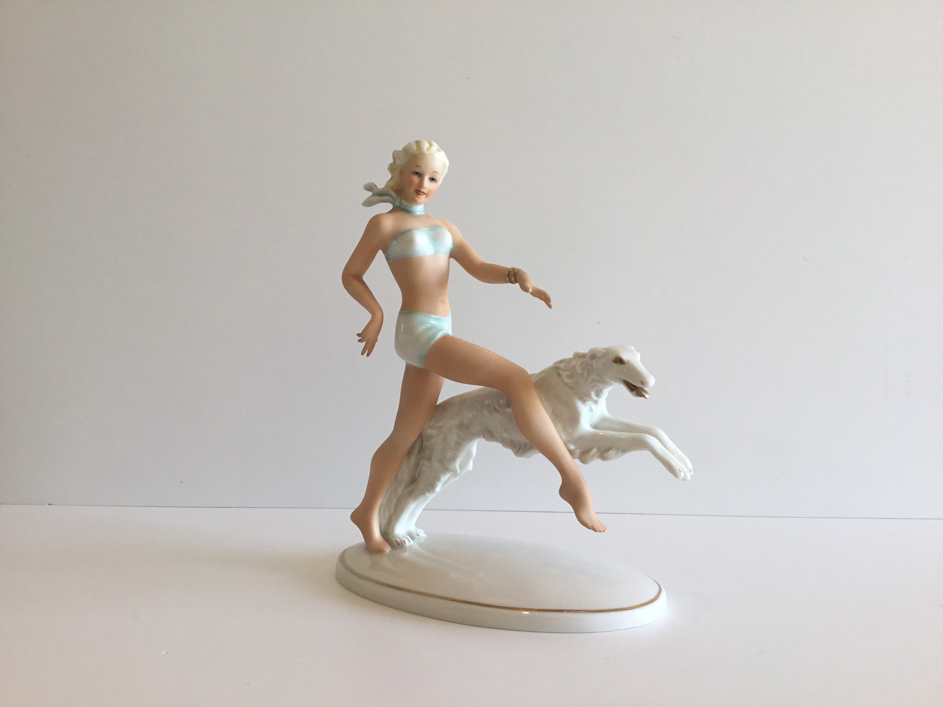 Vintage Porcelain Figurine | Schaubach-Kunst 1960s Germany, Woman with Greyhound — photo 2 of 11