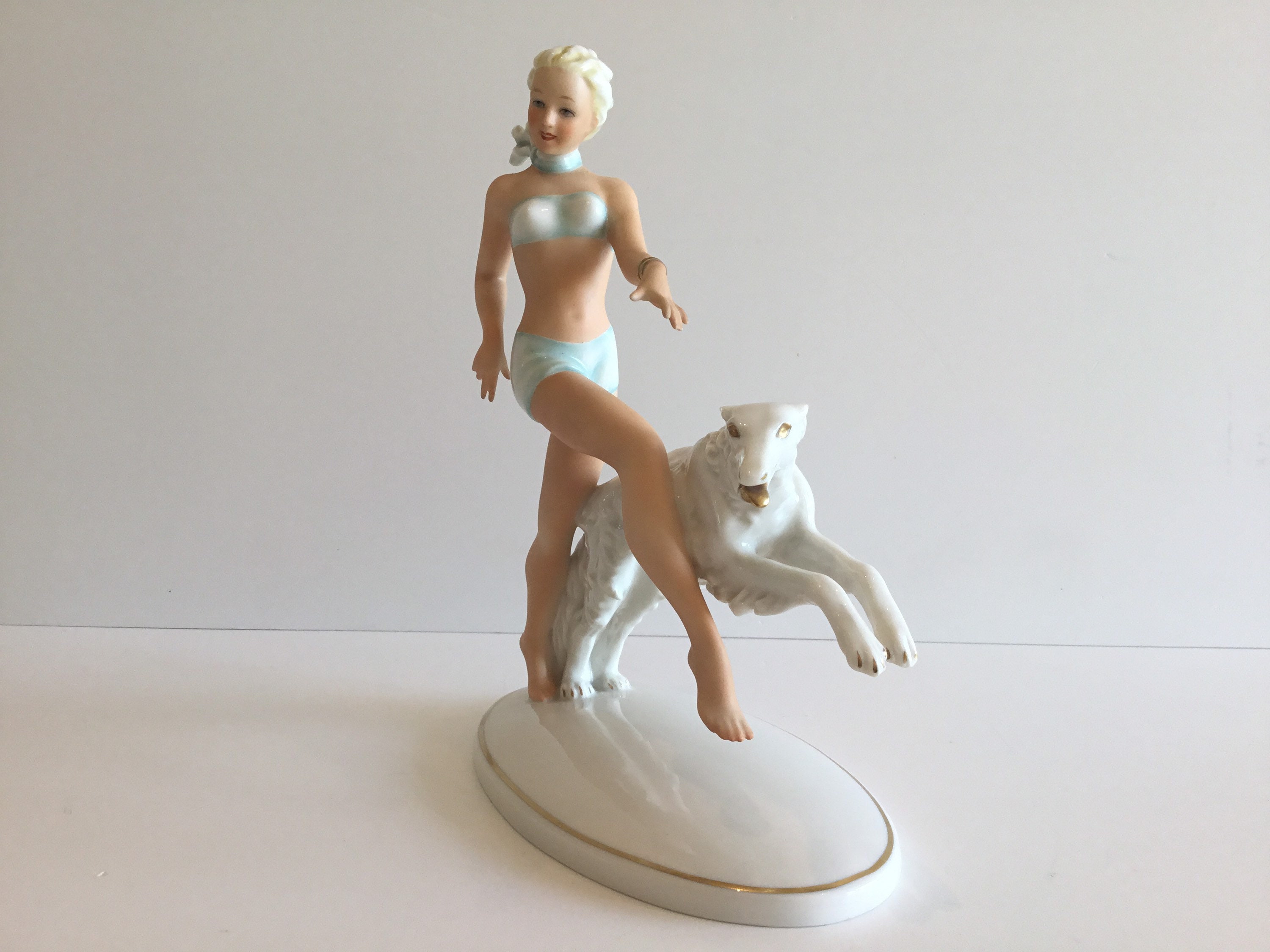 Vintage Porcelain Figurine | Schaubach-Kunst 1960s Germany, Woman with Greyhound — photo 3 of 11
