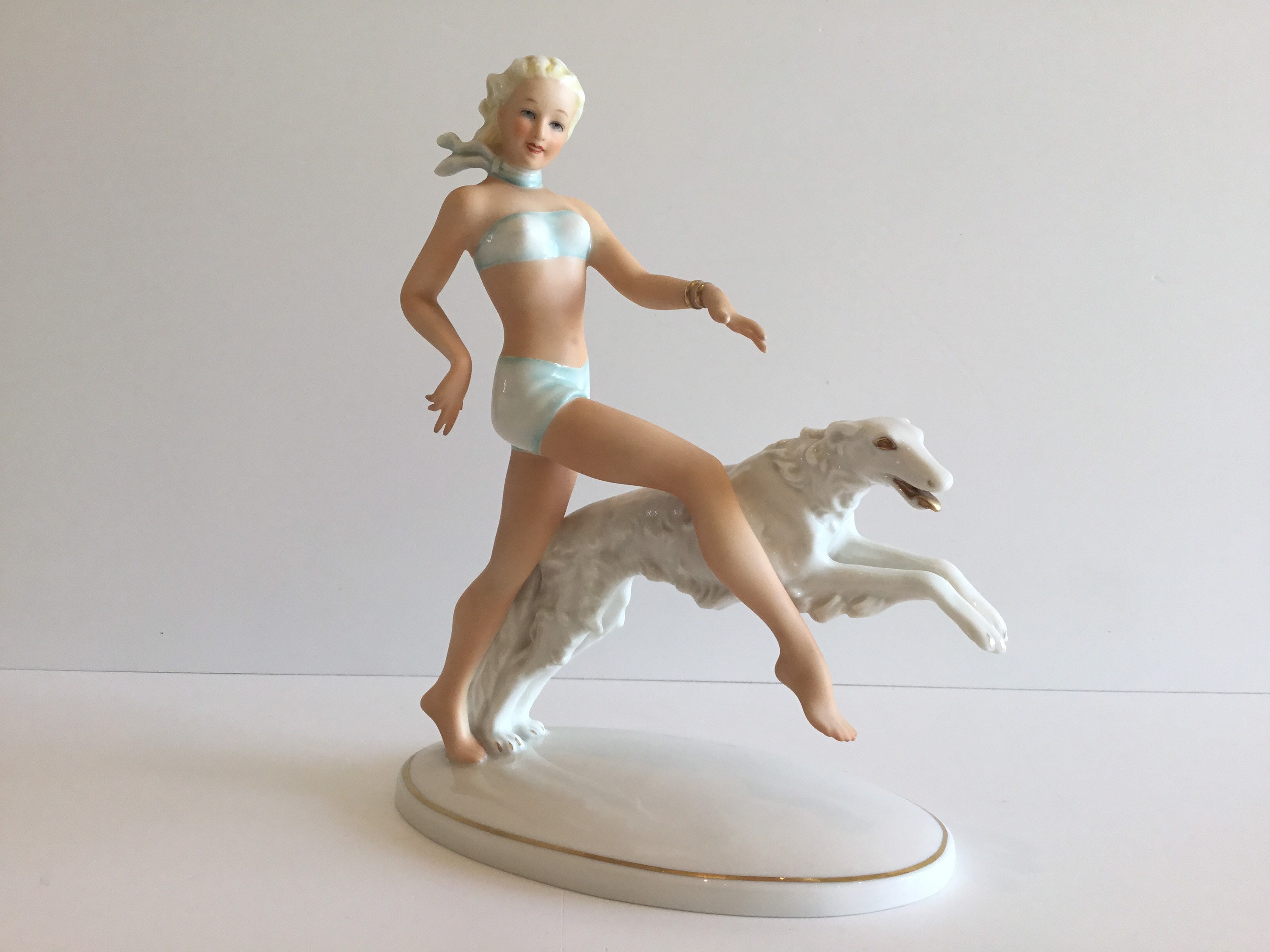 Vintage Porcelain Figurine | Schaubach-Kunst 1960s Germany, Woman with Greyhound — photo 4 of 11
