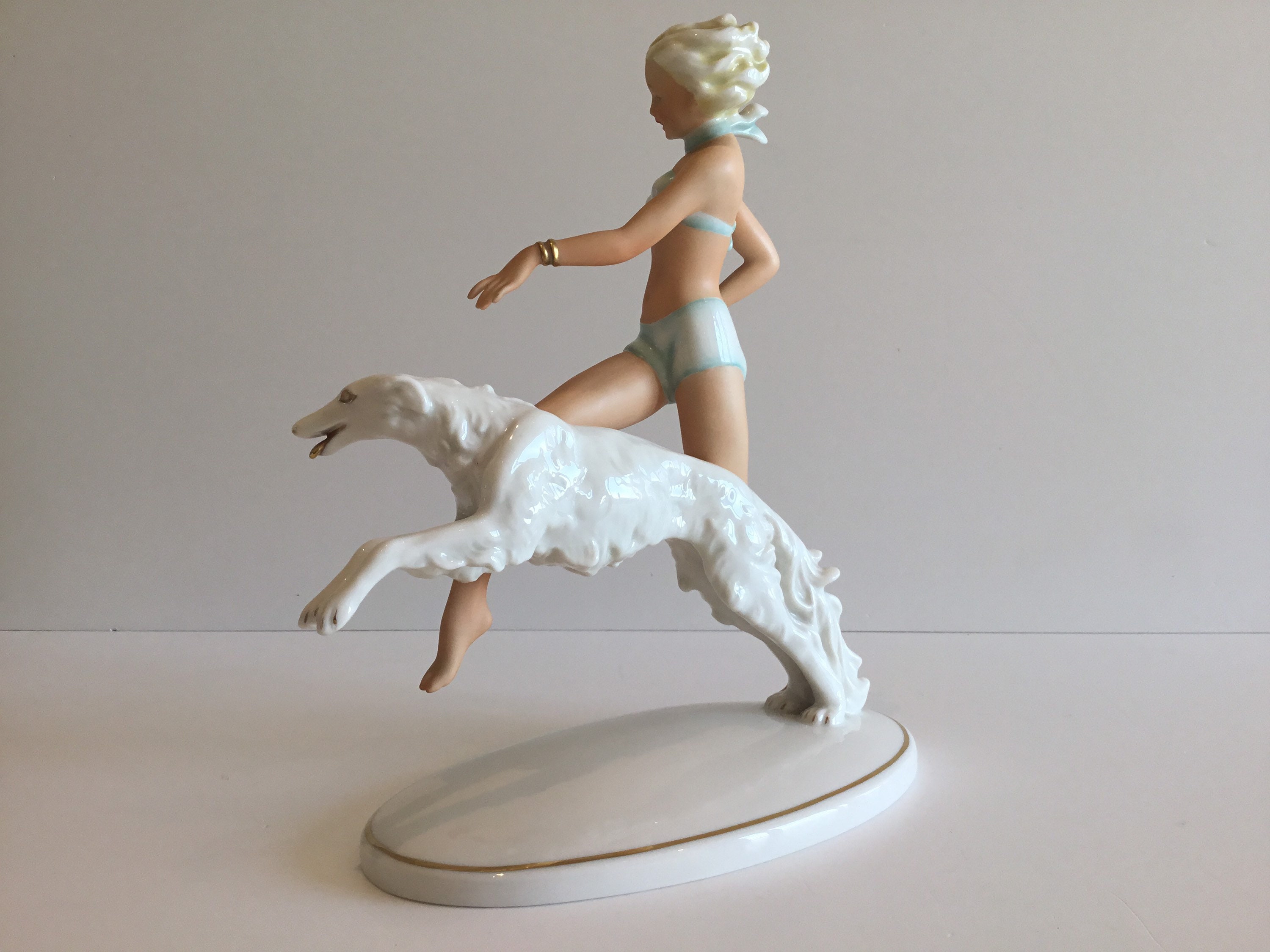 Vintage Porcelain Figurine | Schaubach-Kunst 1960s Germany, Woman with Greyhound — photo 6 of 11