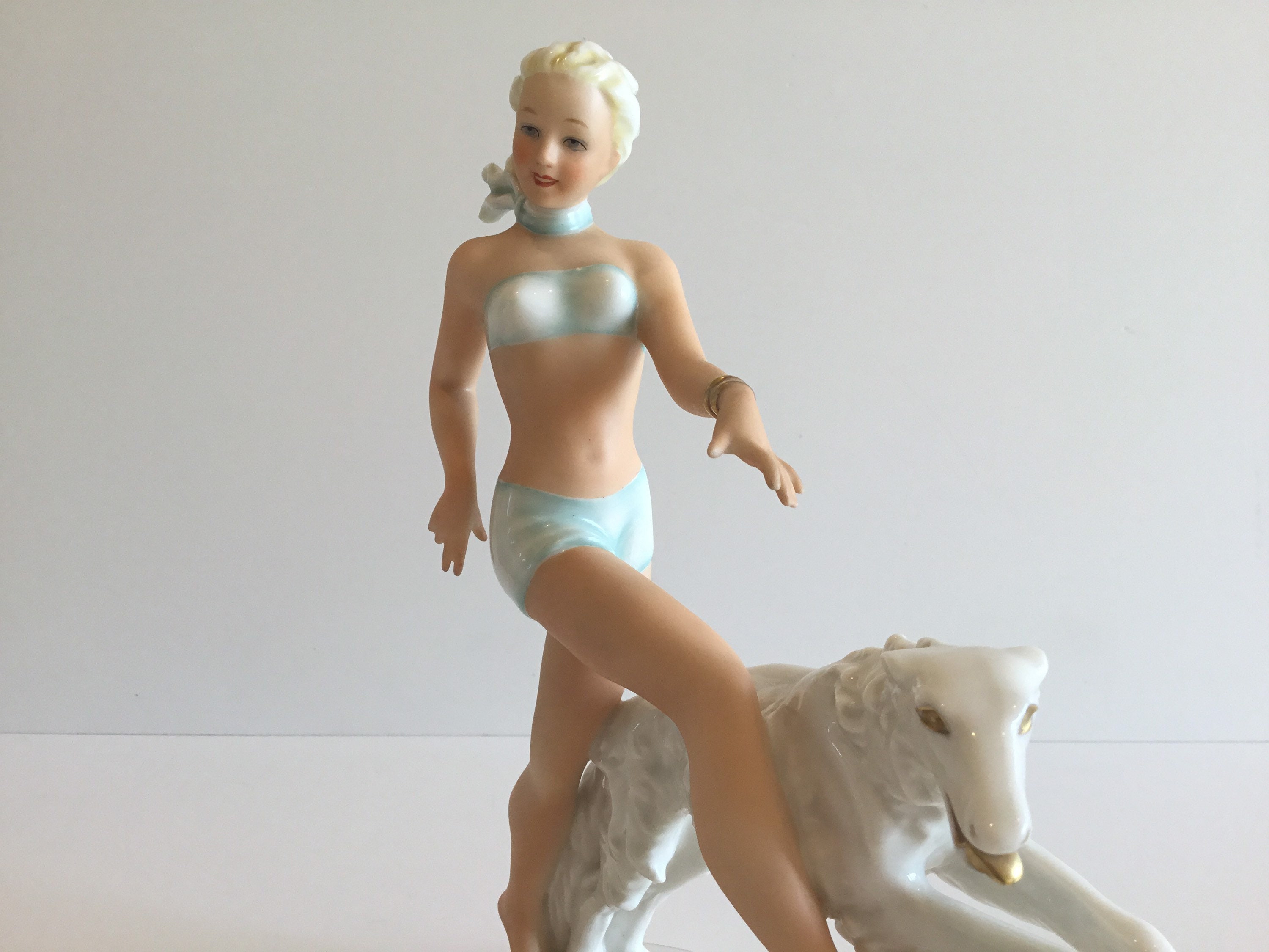 Vintage Porcelain Figurine | Schaubach-Kunst 1960s Germany, Woman with Greyhound — photo 7 of 11
