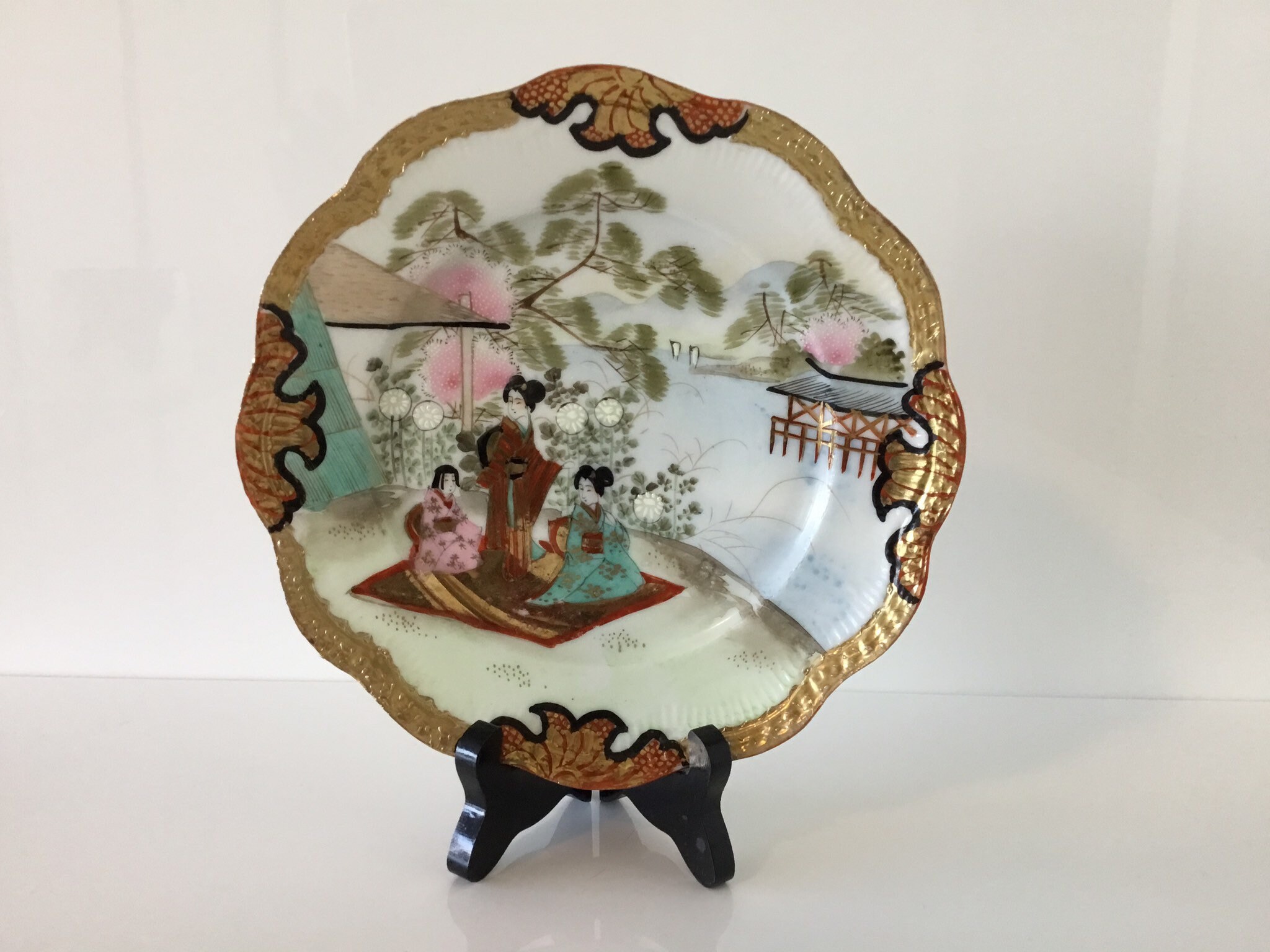 Vintage Japanese Plate | 1910s Hand Painted Nippon Porcelain, Gold Rim Kimono Scene — photo 2 of 5