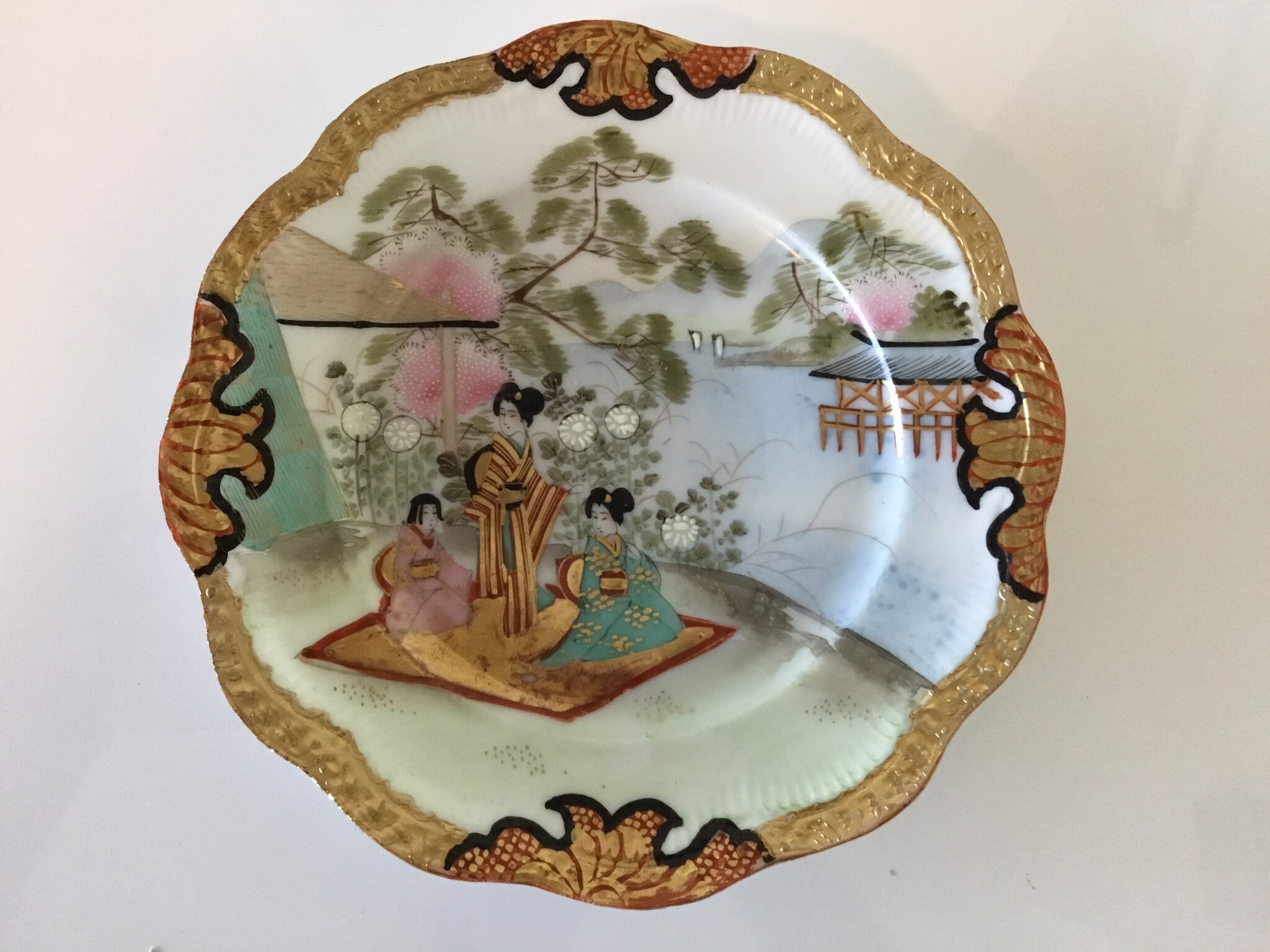 Vintage Japanese Plate | 1910s Hand Painted Nippon Porcelain, Gold Rim Kimono Scene — photo 3 of 5