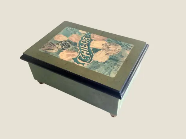 Vintage Music Box Reuge Swiss Chopin Tristesse 1980s Green Lacquered Wood