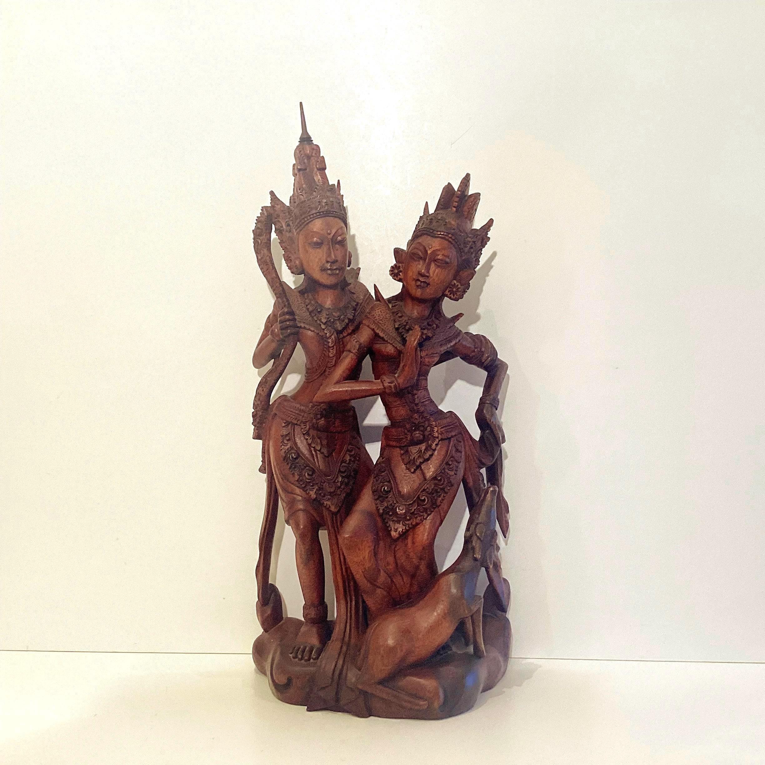 Vintage Thai | Asian Sculpture 1940s Rama & Sita Balinese Carving, Traditional Wooden Art — photo 2 of 9