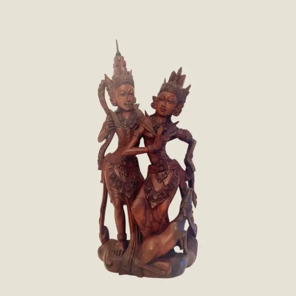 Vintage Thai | Asian Sculpture 1940s Rama & Sita Balinese Carving, Traditional Wooden Art