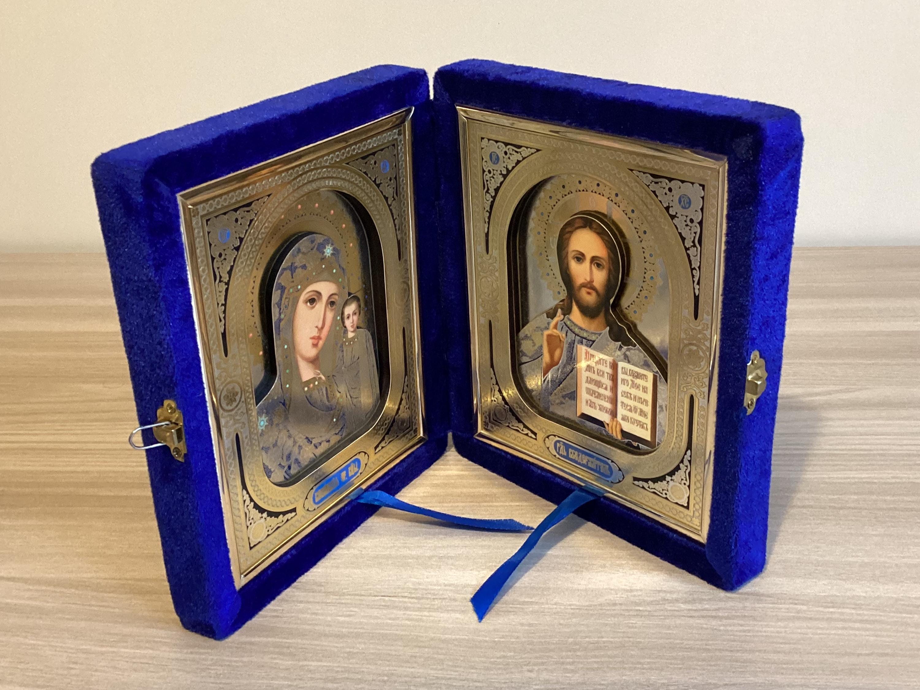 Vintage Icons | Saint Mary & Jesus Pantocrator Pair, Velvet Case Orthodox  Travel Set — photo 2 of 9
