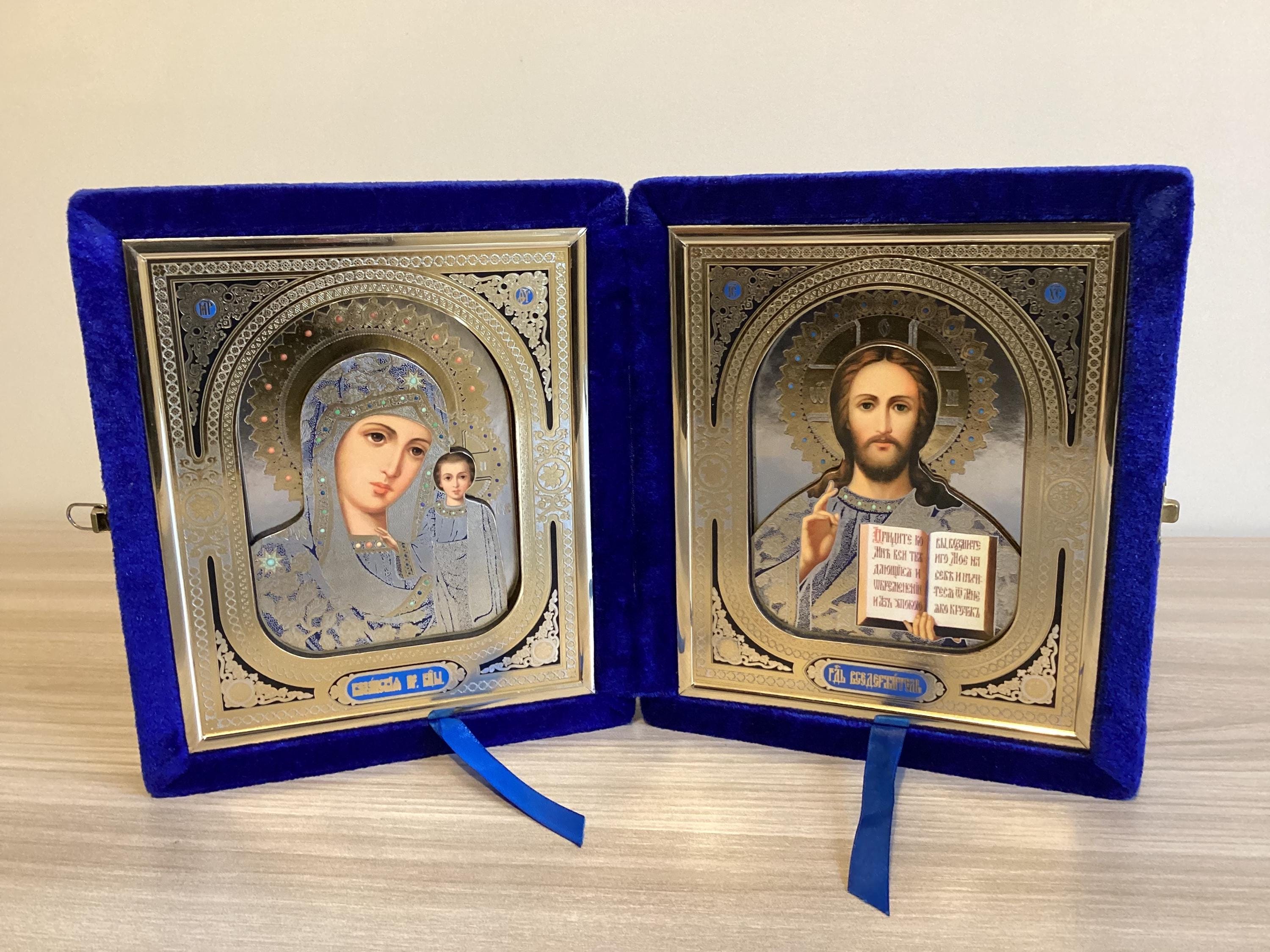 Vintage Icons | Saint Mary & Jesus Pantocrator Pair, Velvet Case Orthodox  Travel Set — photo 3 of 9