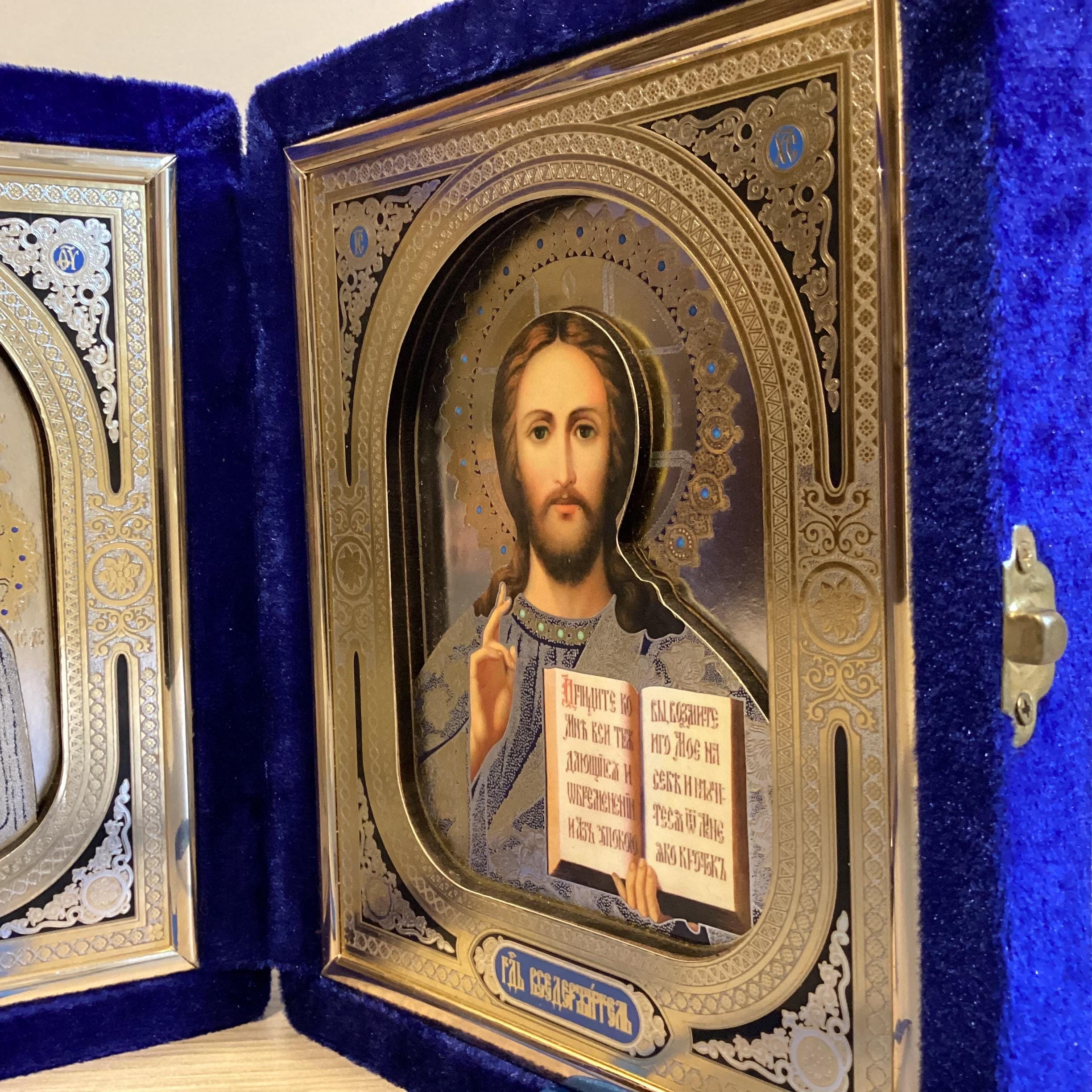 Vintage Icons | Saint Mary & Jesus Pantocrator Pair, Velvet Case Orthodox  Travel Set — photo 6 of 9