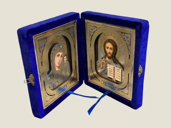 Vintage Icons | Saint Mary & Jesus Pantocrator Pair, Velvet Case Orthodox  Travel Set