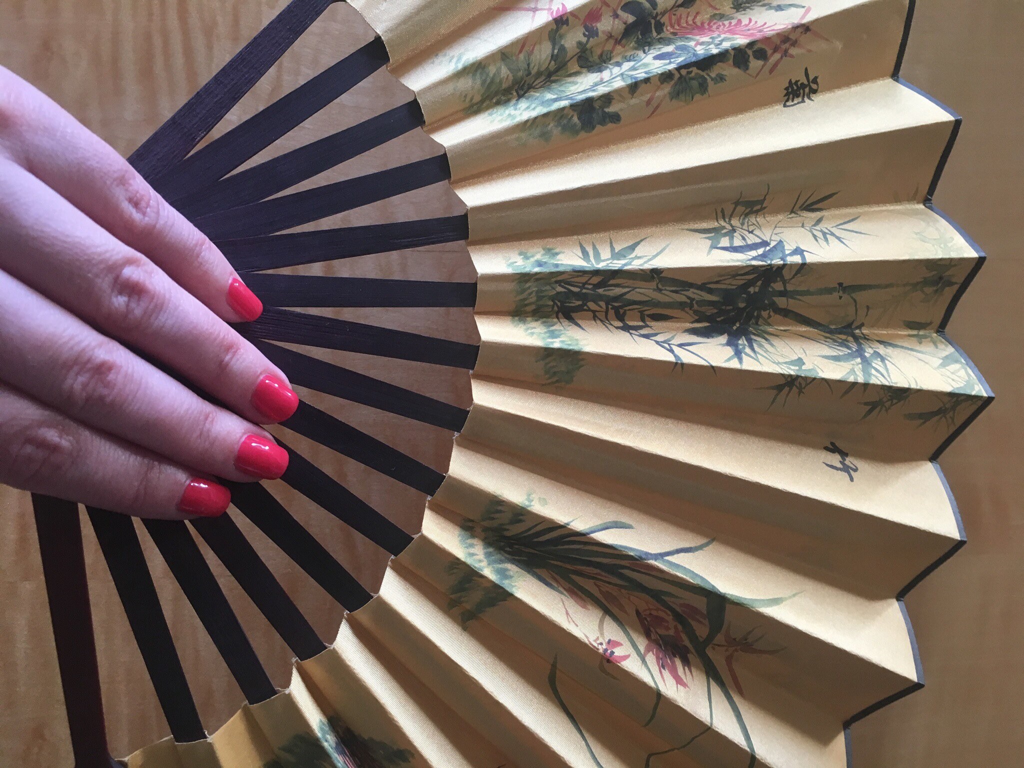 Vintage Fan | 1970s Chinese Silk Fan, Bamboo Mahogany Collectible — photo 2 of 7