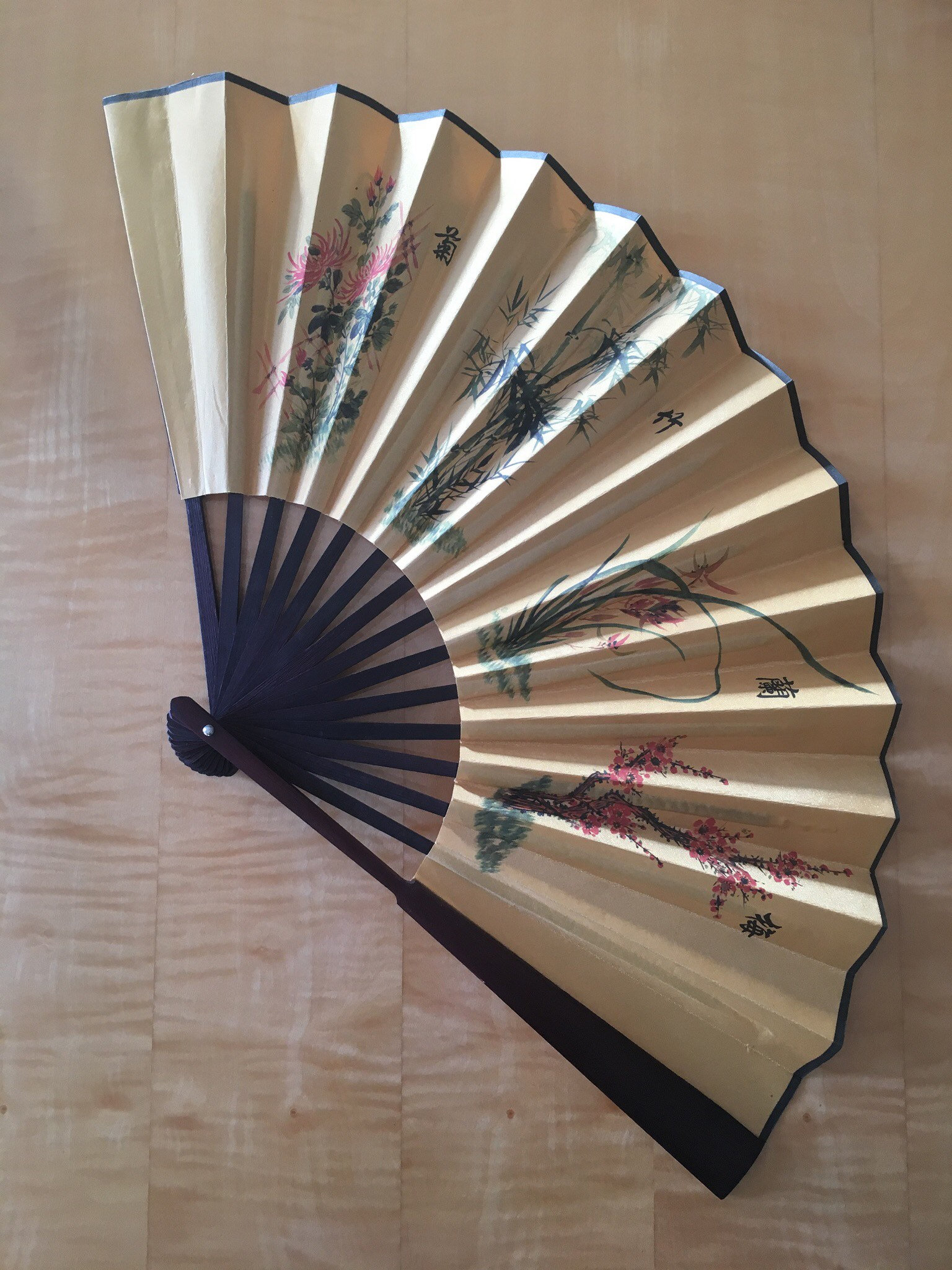 Vintage Fan | 1970s Chinese Silk Fan, Bamboo Mahogany Collectible — photo 3 of 7