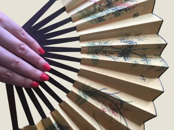 Vintage Fan | 1970s Chinese Silk Fan, Bamboo Mahogany Collectible