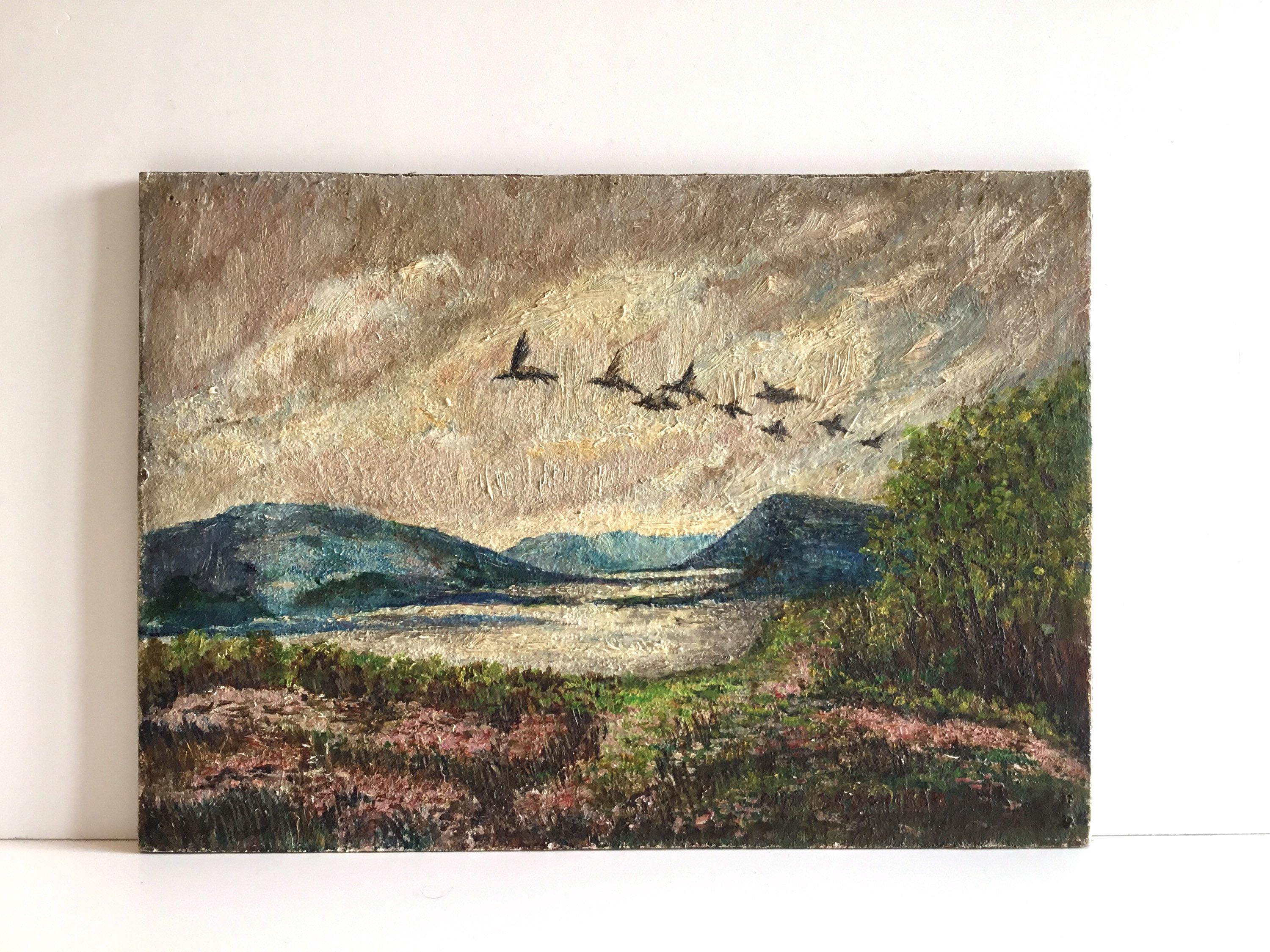 Vintage Landscape Painting | H. DeDoncker Signed Oil 1951, Mountain Scene with Birds — photo 2 of 10