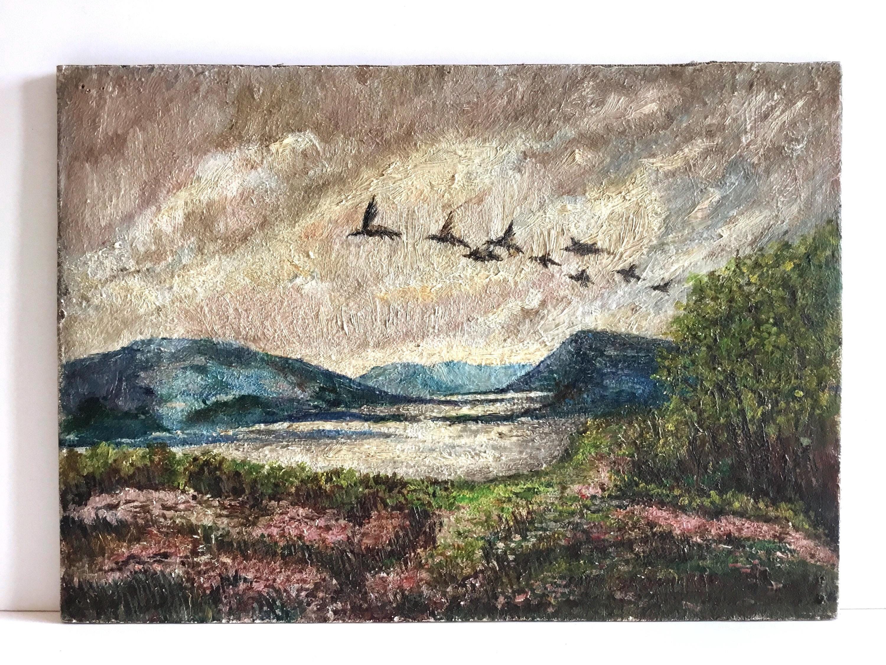Vintage Landscape Painting | H. DeDoncker Signed Oil 1951, Mountain Scene with Birds — photo 3 of 10
