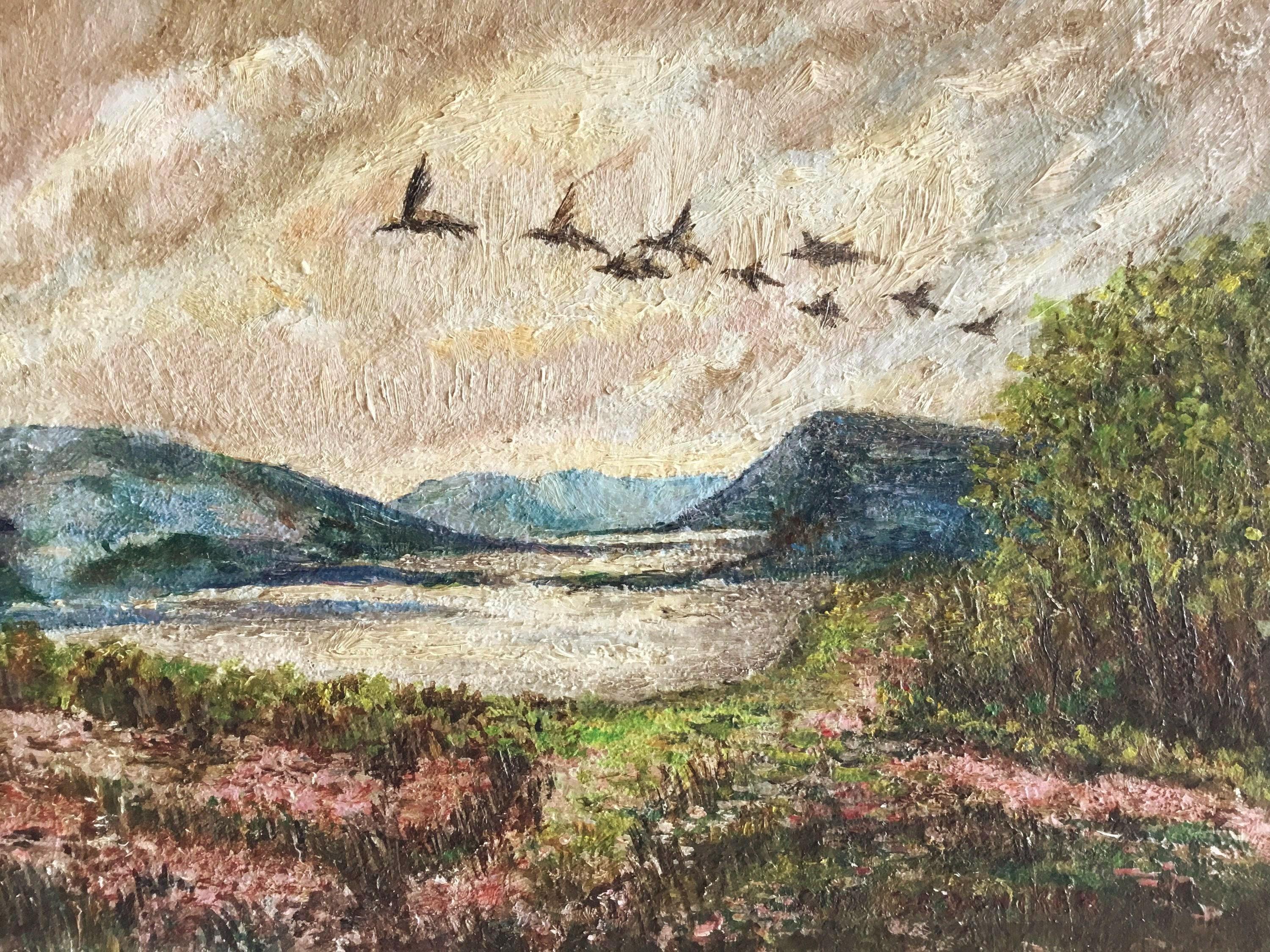 Vintage Landscape Painting | H. DeDoncker Signed Oil 1951, Mountain Scene with Birds — photo 4 of 10