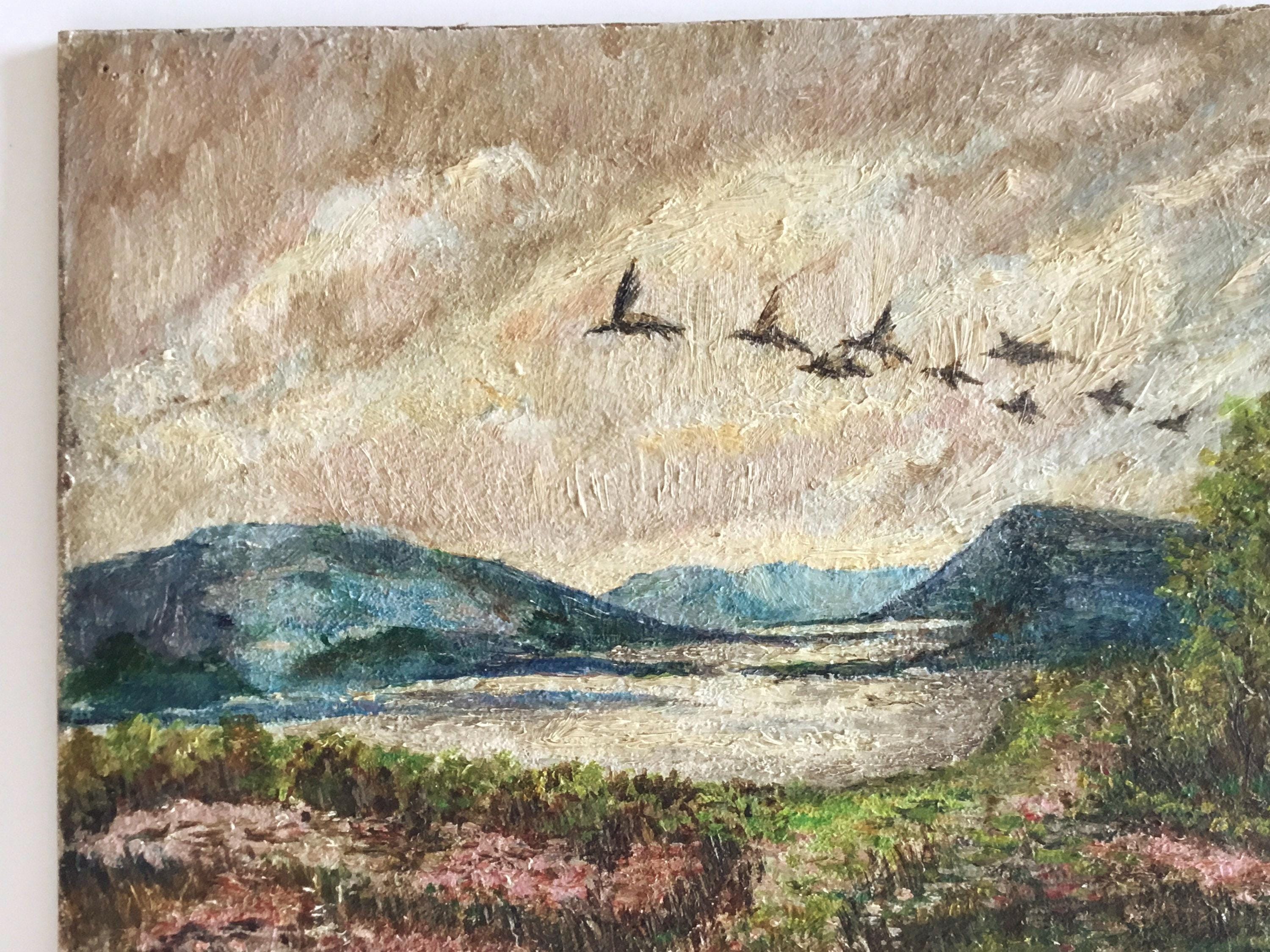 Vintage Landscape Painting | H. DeDoncker Signed Oil 1951, Mountain Scene with Birds — photo 6 of 10