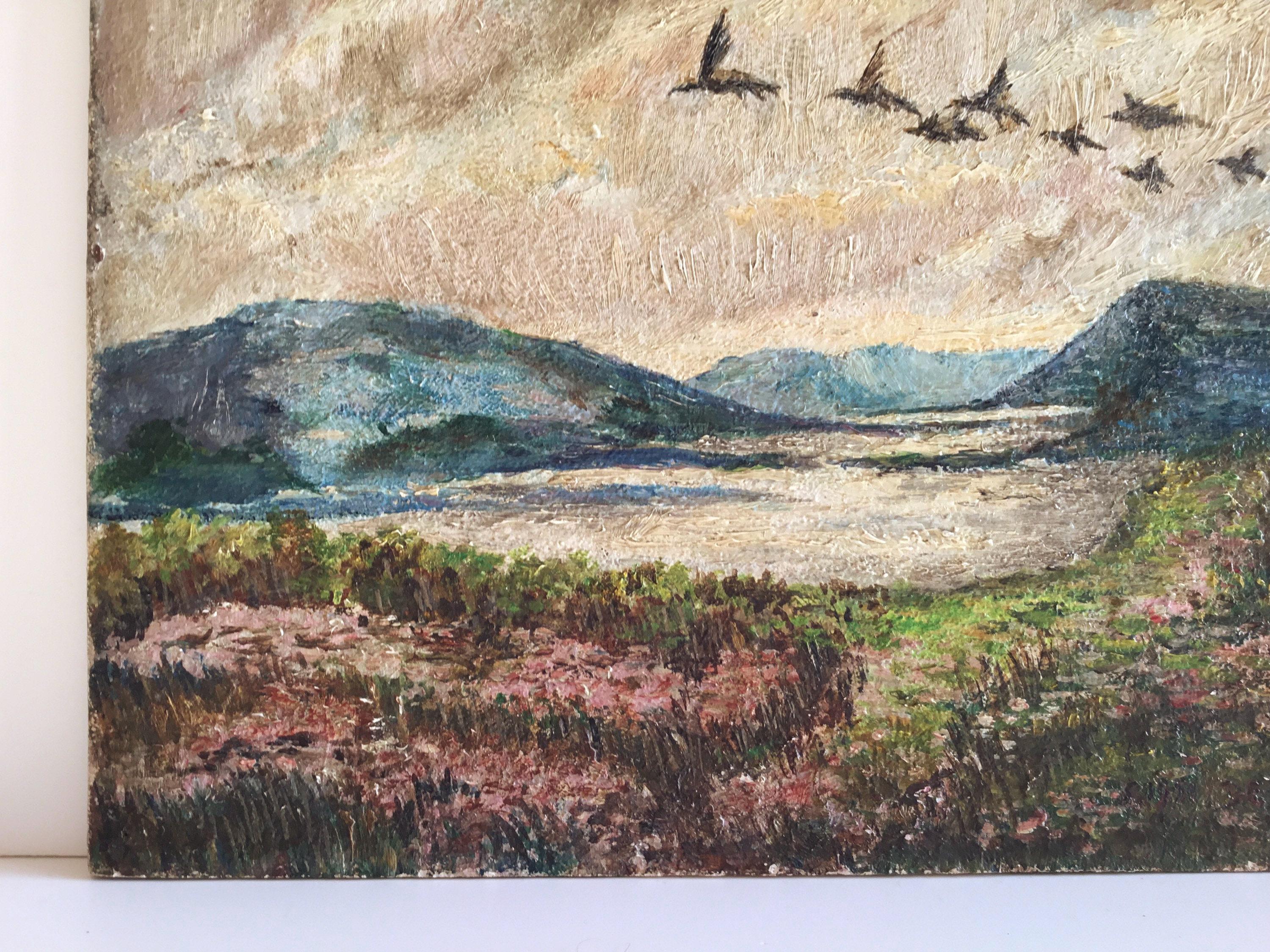 Vintage Landscape Painting | H. DeDoncker Signed Oil 1951, Mountain Scene with Birds — photo 7 of 10