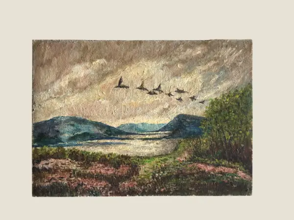 Vintage Landscape Painting | H. DeDoncker Signed Oil 1951, Mountain Scene with Birds