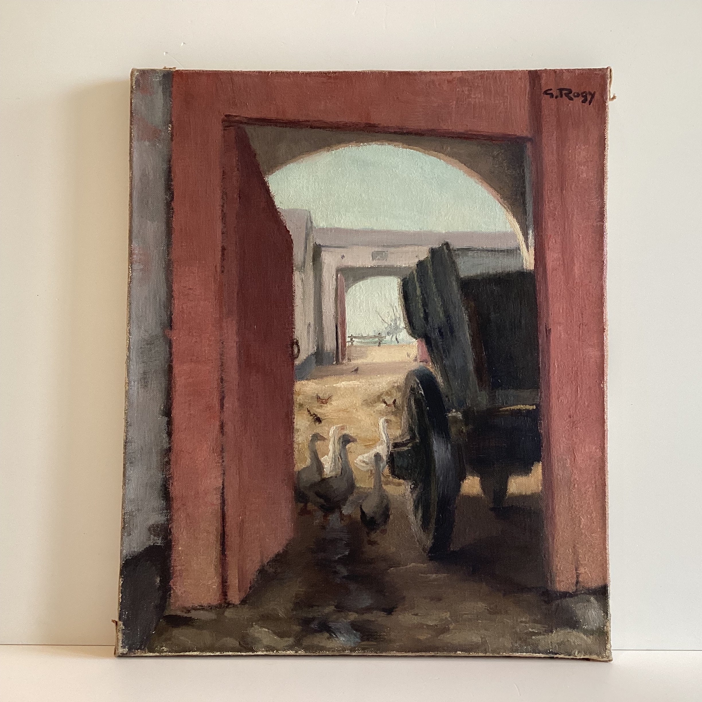 Vintage Figurative Painting | Georges Rogy 1930s Belgian, Country Courtyard Oil — photo 2 of 11