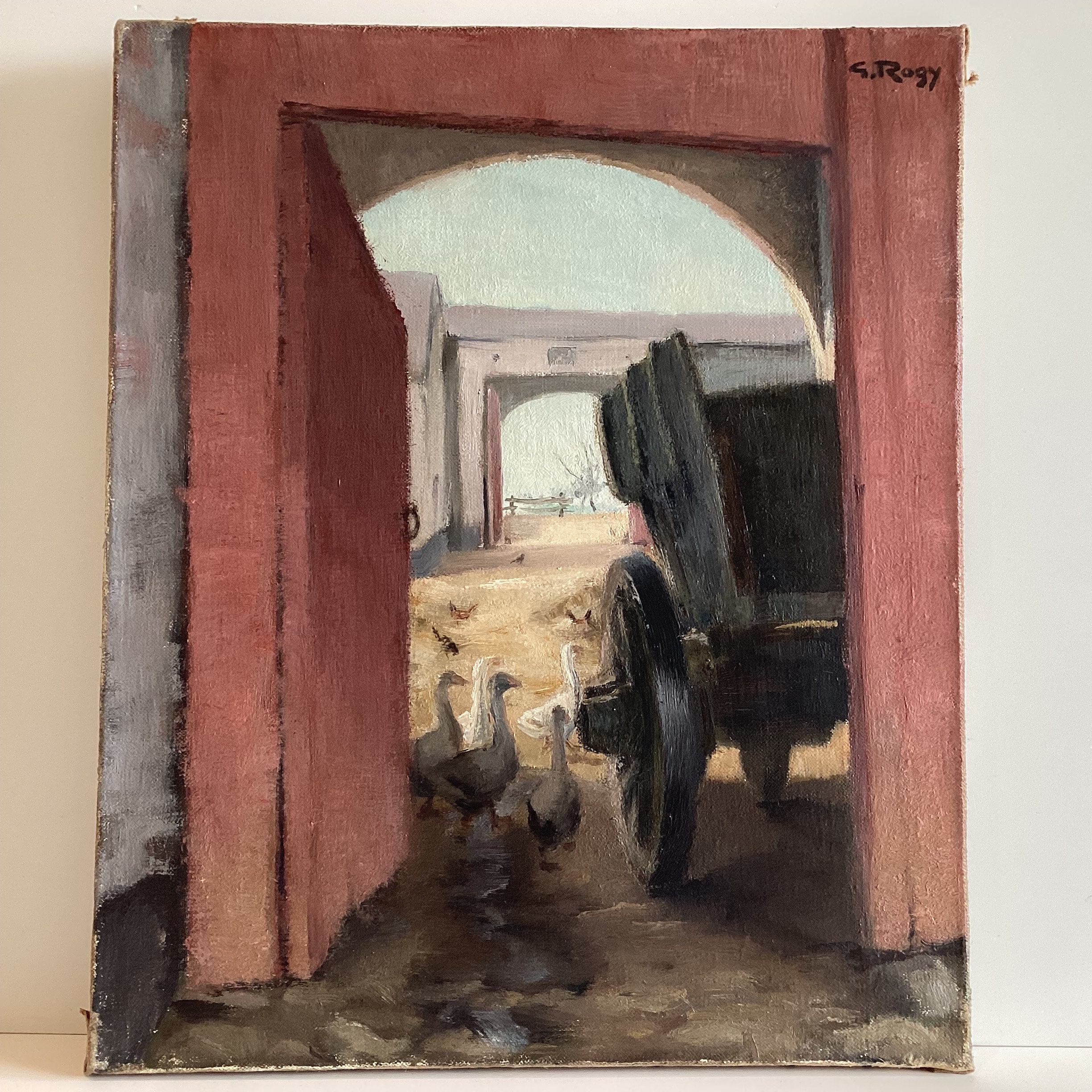 Vintage Figurative Painting | Georges Rogy 1930s Belgian, Country Courtyard Oil — photo 4 of 11