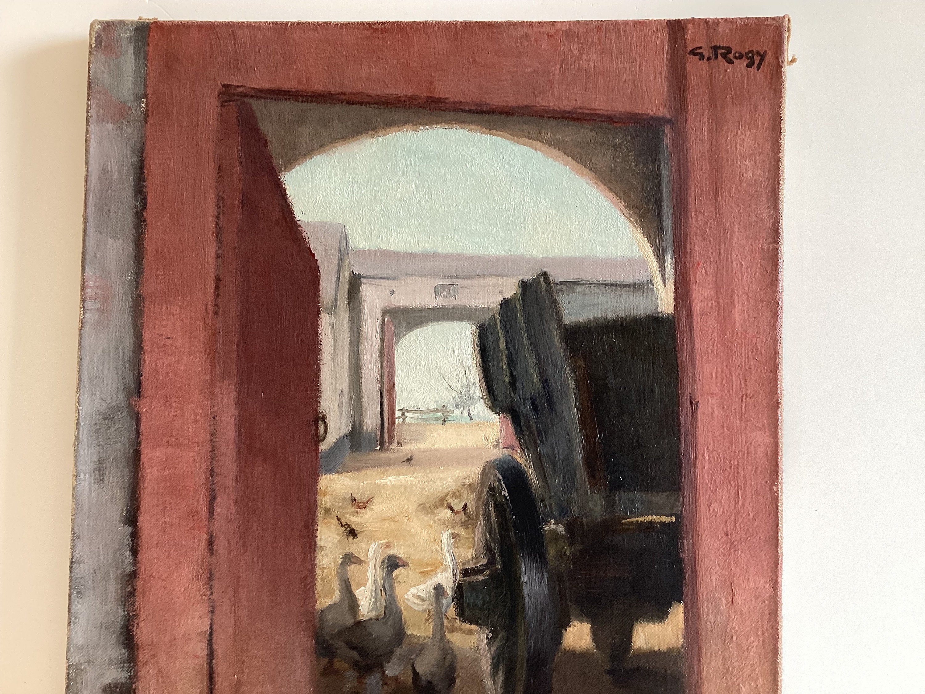 Vintage Figurative Painting | Georges Rogy 1930s Belgian, Country Courtyard Oil — photo 6 of 11