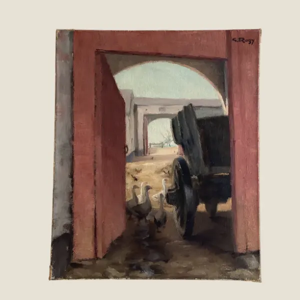 Vintage Figurative Painting | Georges Rogy 1930s Belgian, Country Courtyard Oil