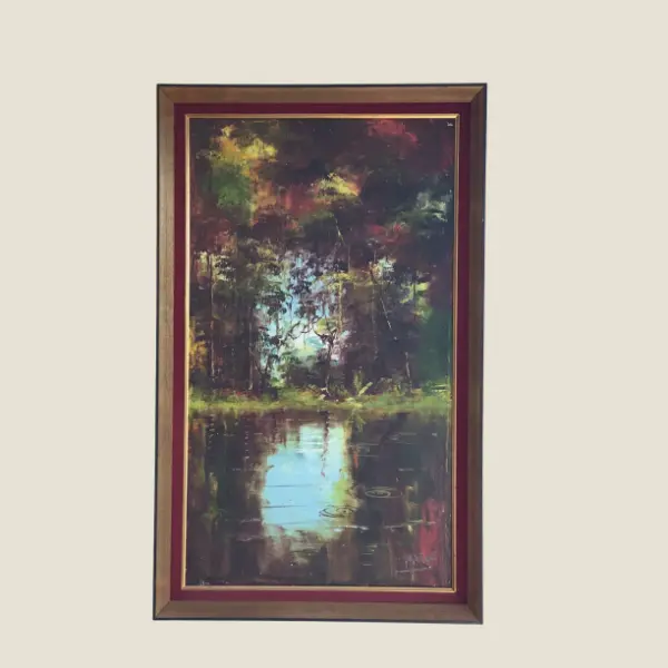 Vintage African Landscape | Pandu E. Congo Painting, 1930s Tropical Forest Oil Canvas