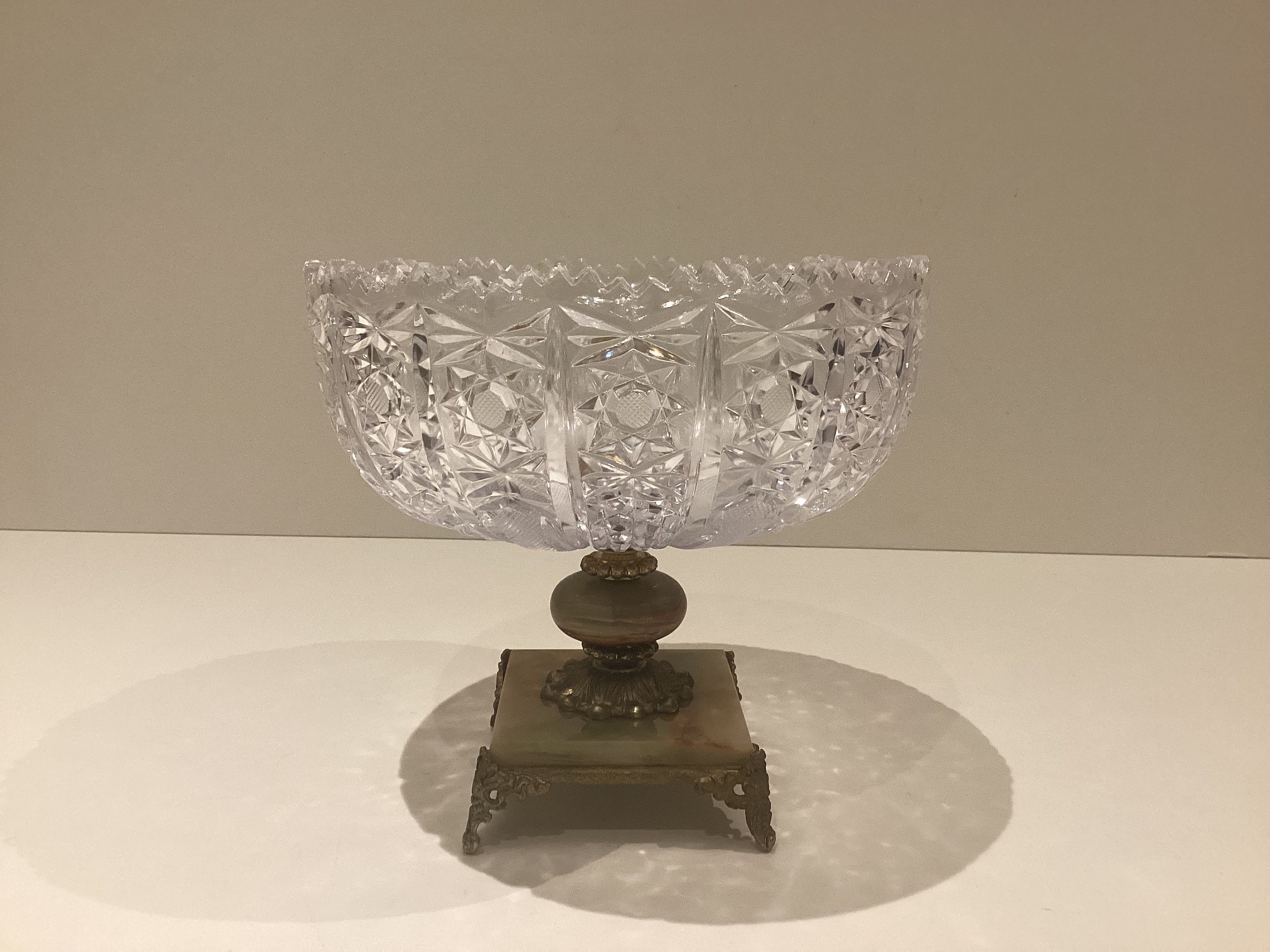 Vintage Centerpiece | 1950s Italian Crystal Fruit Bowl, Onyx and Brass Base — photo 2 of 8